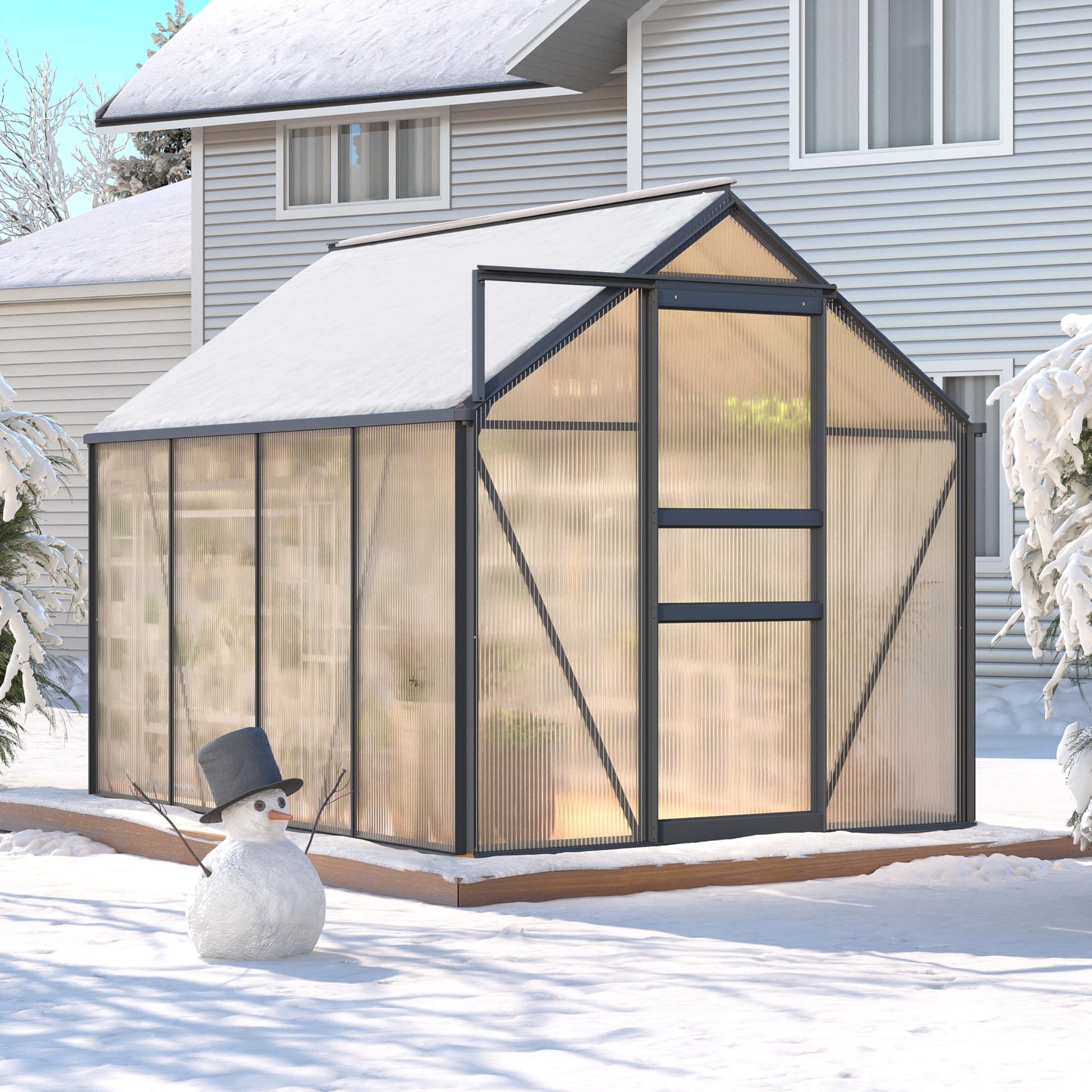 GarveeHome 6x8 FT Walk-in Polycarbonate Greenhouse - 76" High Reinforced Aluminum Frame with Base Kit, 4mm Double-Wall UV Protected Panels, 5-Position Adjustable Roof Vent & Sliding Door, 250 Cu.Ft