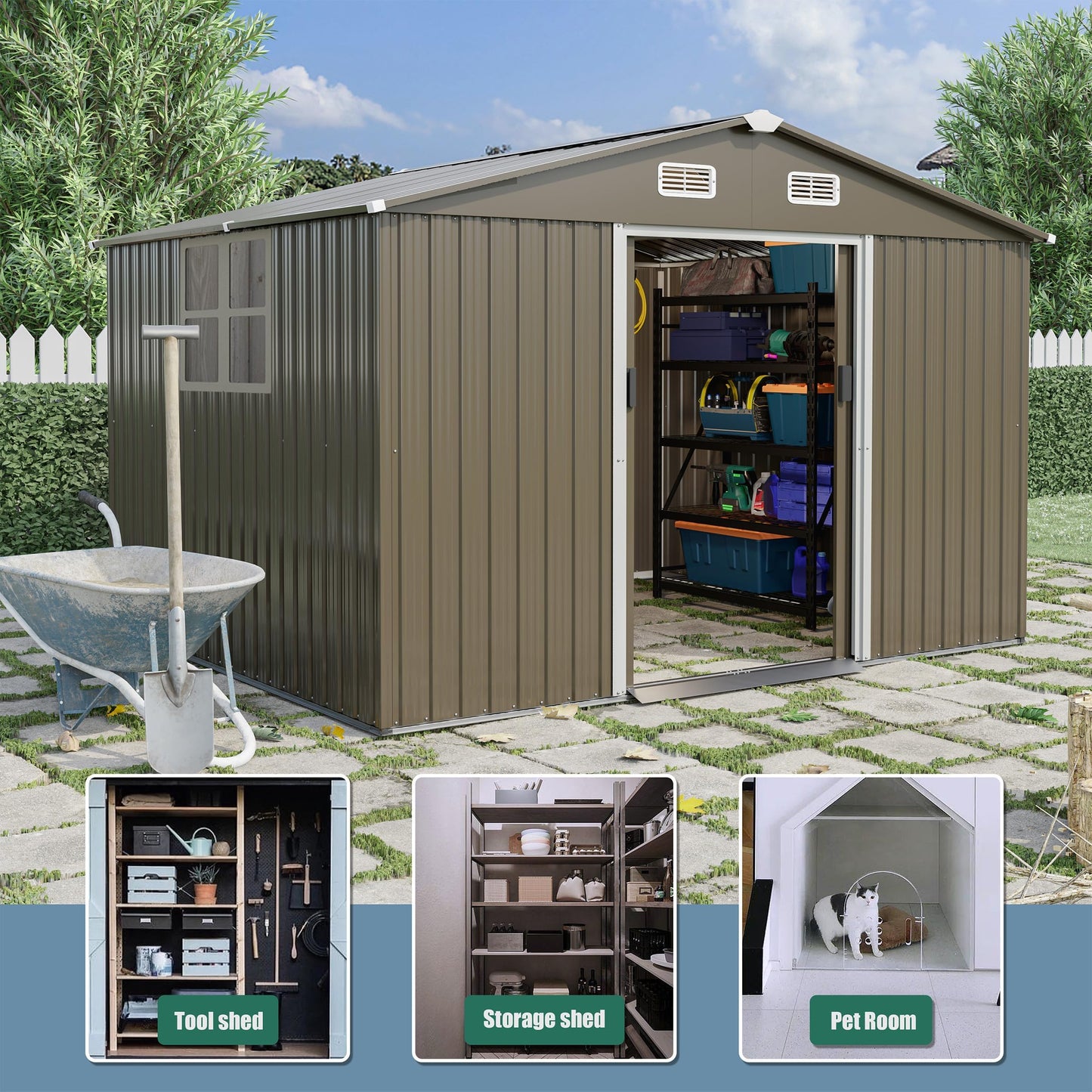 RTDTD 10FT x 8FT Outdoor Storage Shed,Waterproof Lockable Door Metal Tool Shed with Sliding Door and Air Vents,Storage House for Gardening Tools,Metal Storage Shed for Garden,Backyard,Lawn