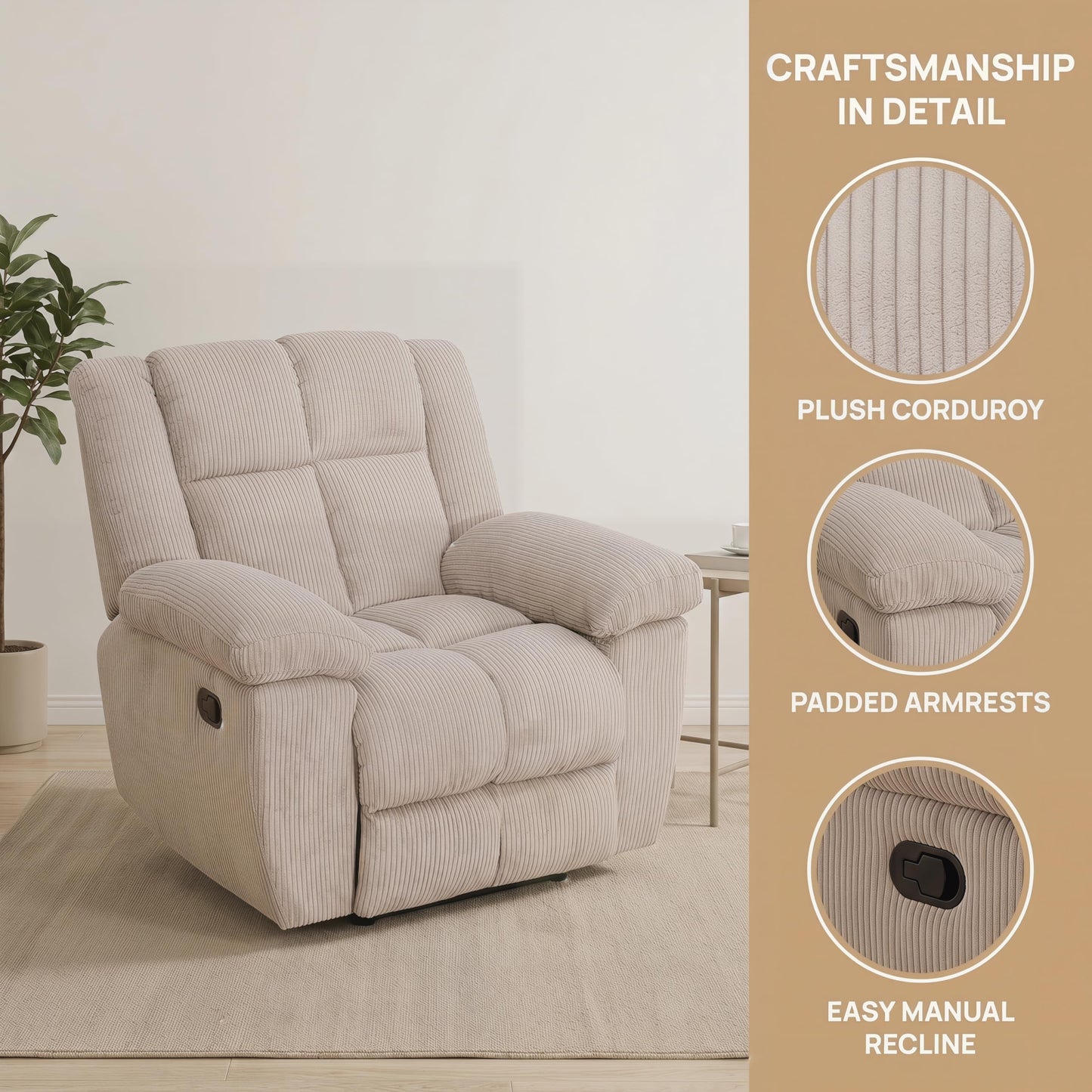 Trygoal Oversized Corduroy Recliner Chair, Manual Lazy Boy Recliner with Home Theater Seating, Breathable Living Room Reclining Chair for Adults Reading, Gaming, Relax, White