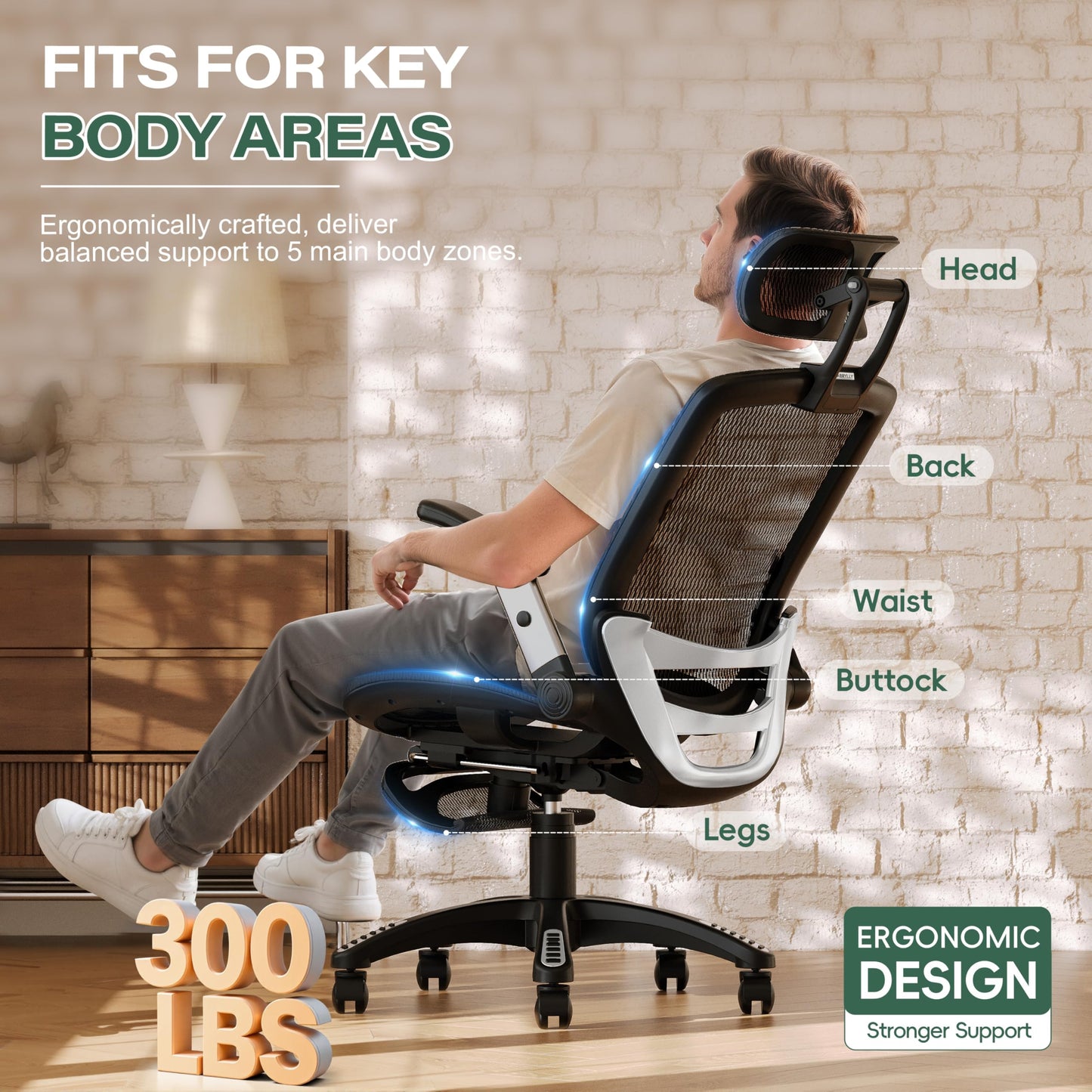 GABRYLLY Ergonomic Office Chair with Footrest, High Back Home Desk Chair - 3D Headrest, Flip-Up Arms, 135° Tilt and Wide Cushion, Heavy Duty Mesh Chairs for Task Computer Gaming, GYB01-FT