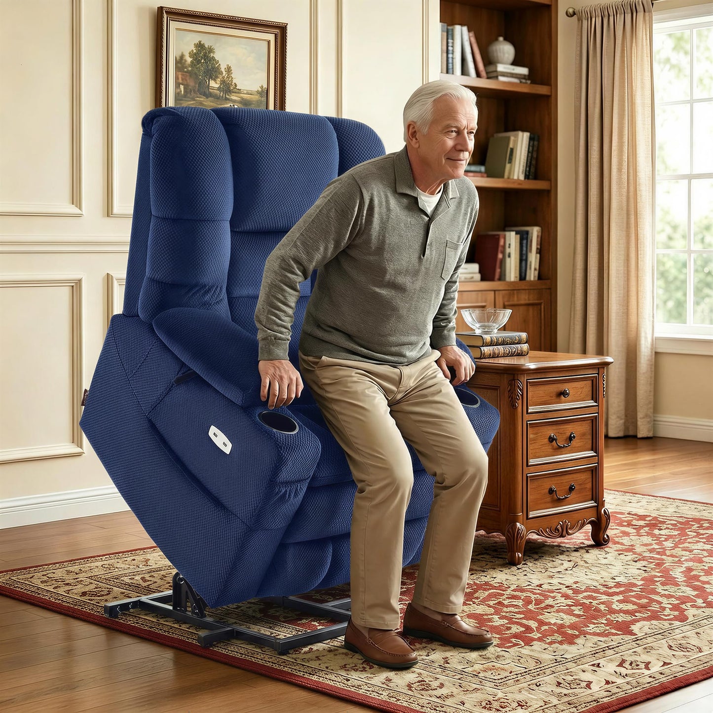 MCombo Triple Motor Lay Flat Power Lift Recliner Chair for Tall Elderly, Infinite Position, Massage, Dual Heating, Adjustable Headrest, Fabric 7634 (Navy Blue, Large)