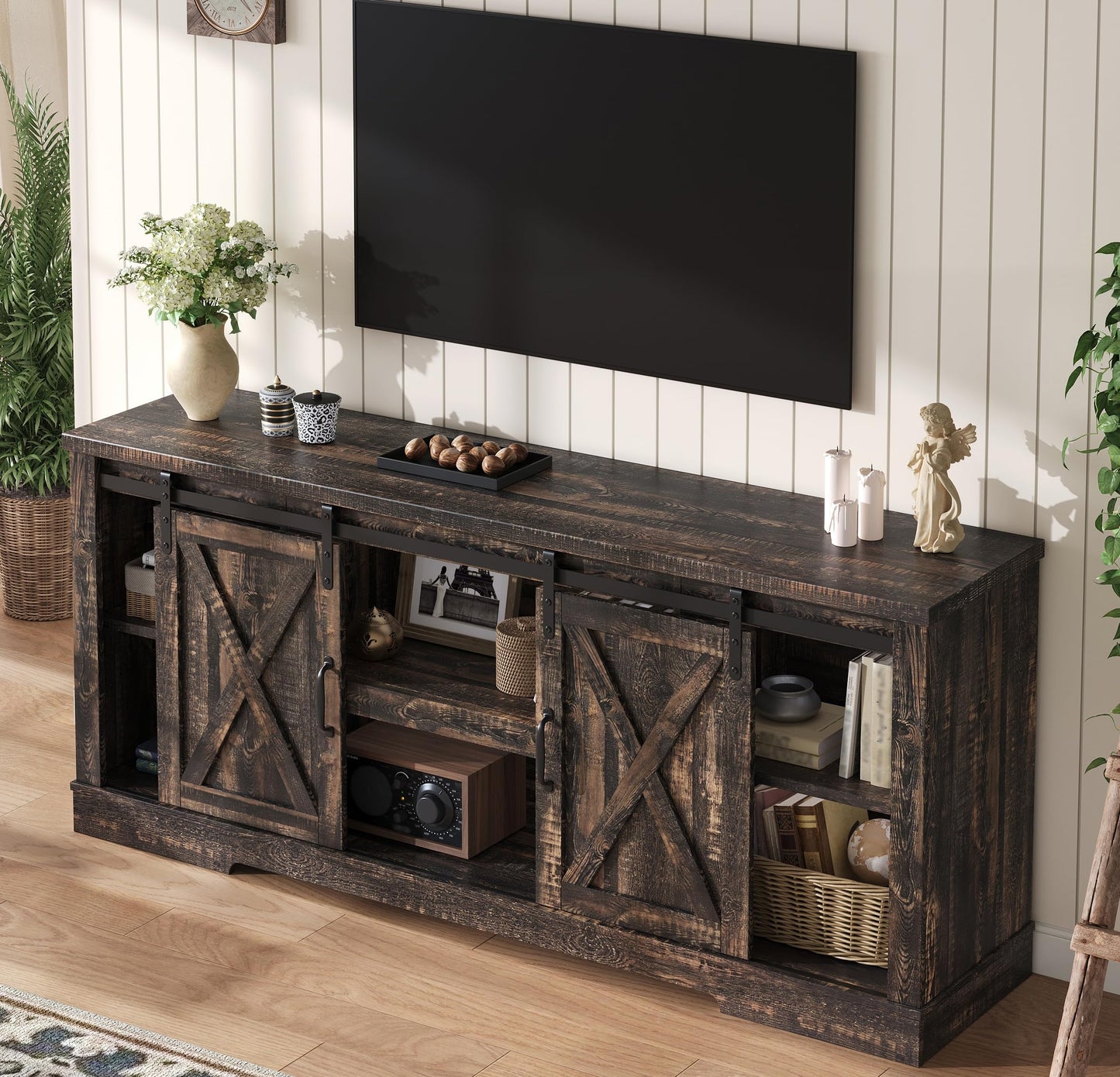 AMERLIFE 66” TV Stand for 65 Inch TV, Farmhouse Entertainment Center with Storage Cabinets and Adjustable Shelf & Feet, Modern TV Console Table for Living Room or Bedroom, Rustic Oak