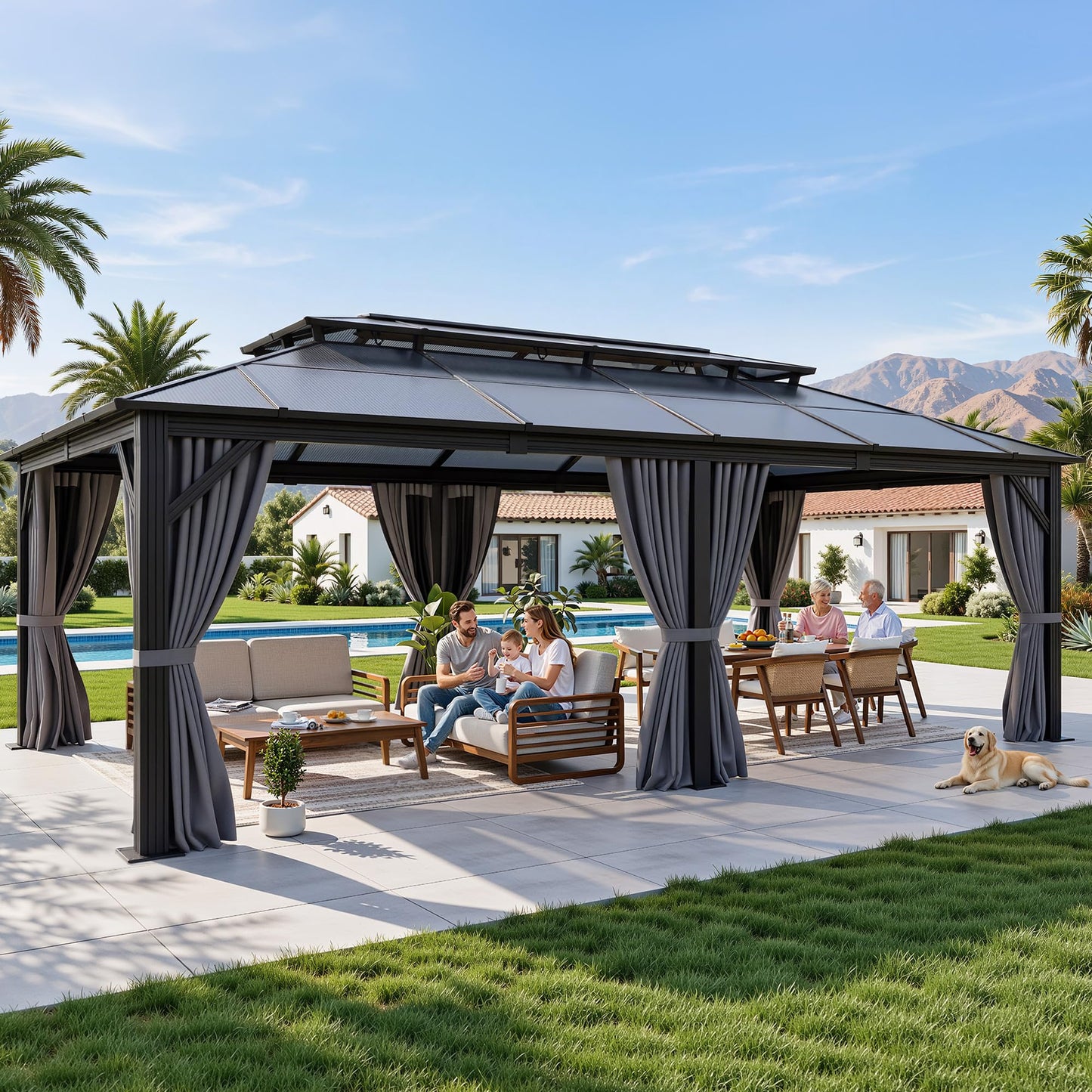 YITAHOME 12x20FT Gazebo Polycarbonate Hardtop Double Roof Canopy Outdoor with Netting and Shaded Curtains, Metal Frame Garden Tent for Patio, Backyard, Deck and Lawns, Grey