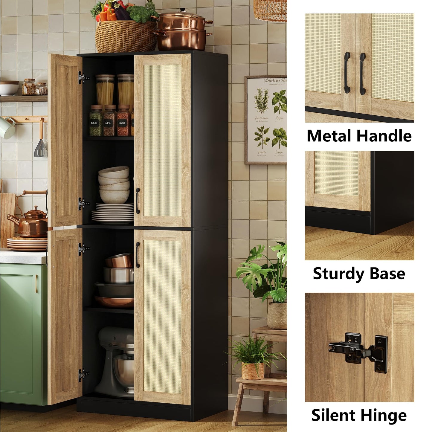 JASIWAY Rattan Pantry Cabinet, 67" Tall Kitchen Storage Cabinet with Doors