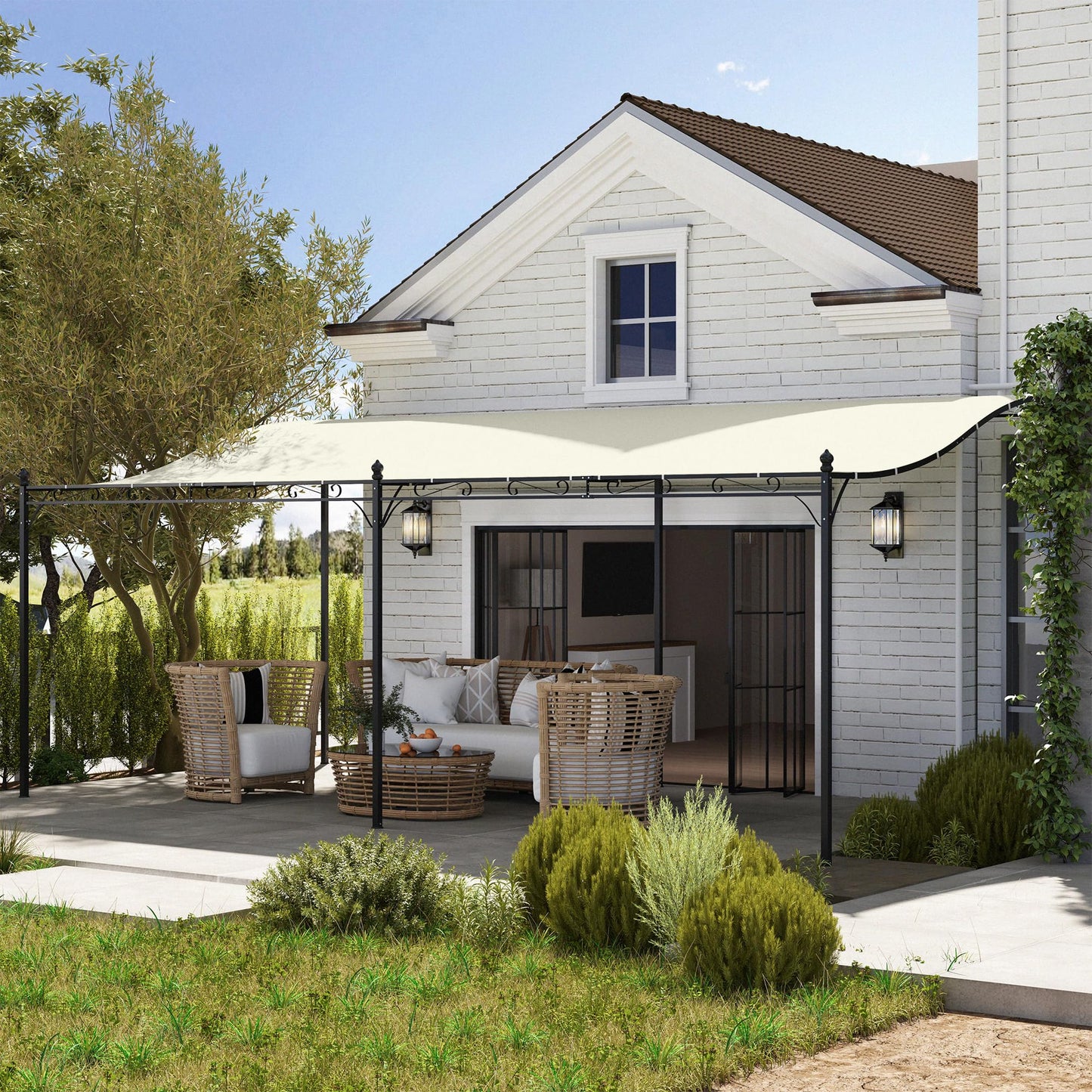 Outsunny 10' x 20' Outdoor Pergola Canopy, Wall-Mounted Metal Patio Canopy with Weather-Resistant Fabric and Drainage Holes for Backyard Garden Porch Beach, Cream White