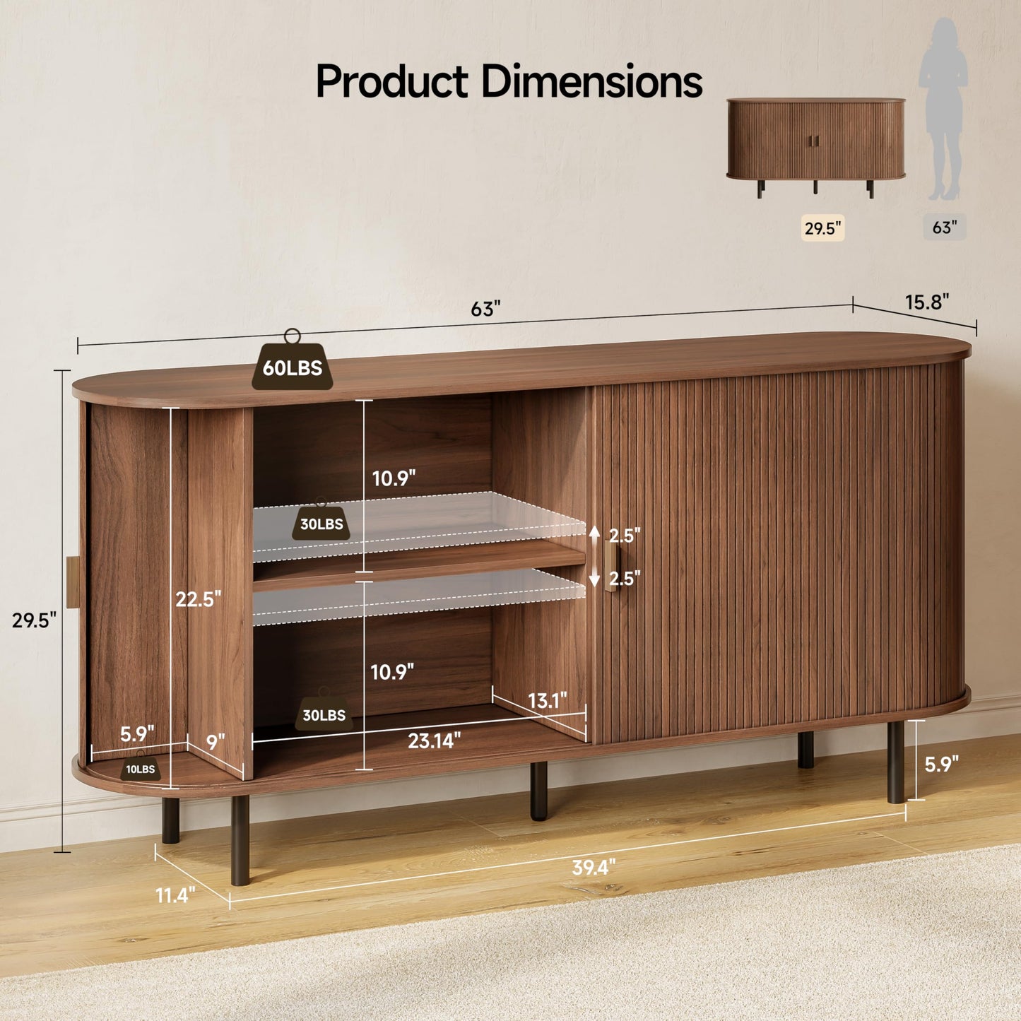 Buffet Sideboard Cabinet with Storage, 63" Fluted Cabinet with Sliding Door & Adjustable Shelf, Modern Accent Coffee Bar Console Table for Kitchen, Entryway, Walnut