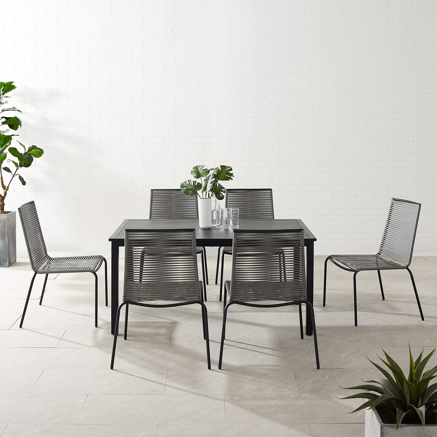 Crosley Furniture Fenton 7-Piece Wicker Outdoor Dining Set for 6, Patio Table and Chairs for Backyard, Deck, Matte Black with Gray Cushions