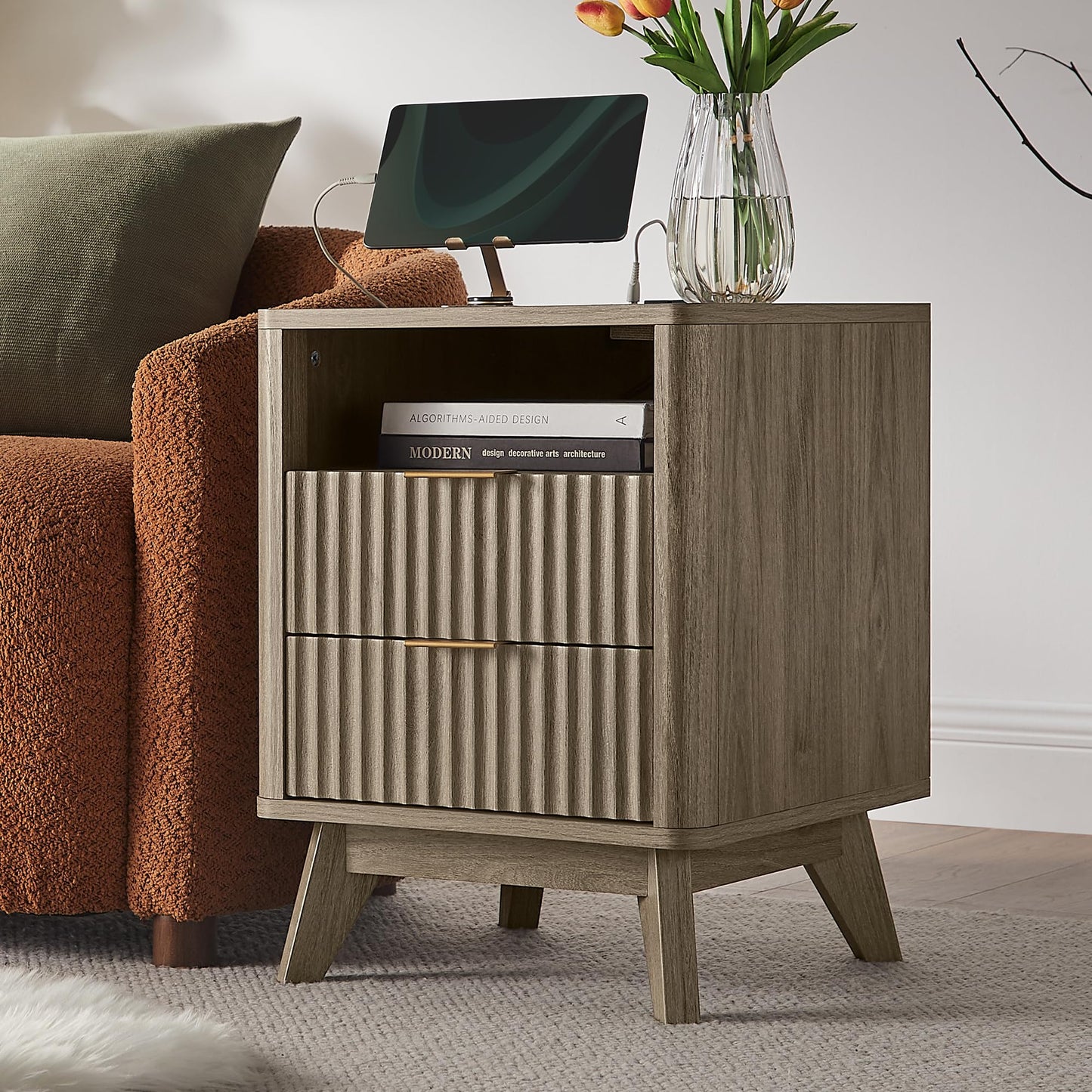 T4TREAM Fluted Nightstand Set of 2 with Charging Station, 18" Modern Side Table with 2 Drawer, End Table w/Storage, Bedside for Bedroom, Living Room, Curved Profile Design, Grey Alder