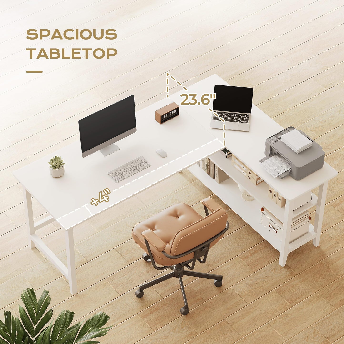 IOTXY Reversible L-Shaped Office Desk - 63" Extra Large Corner Computer Table with Storage Shelves, Solid Wood Legs, Home Writing & Study Workstation, White