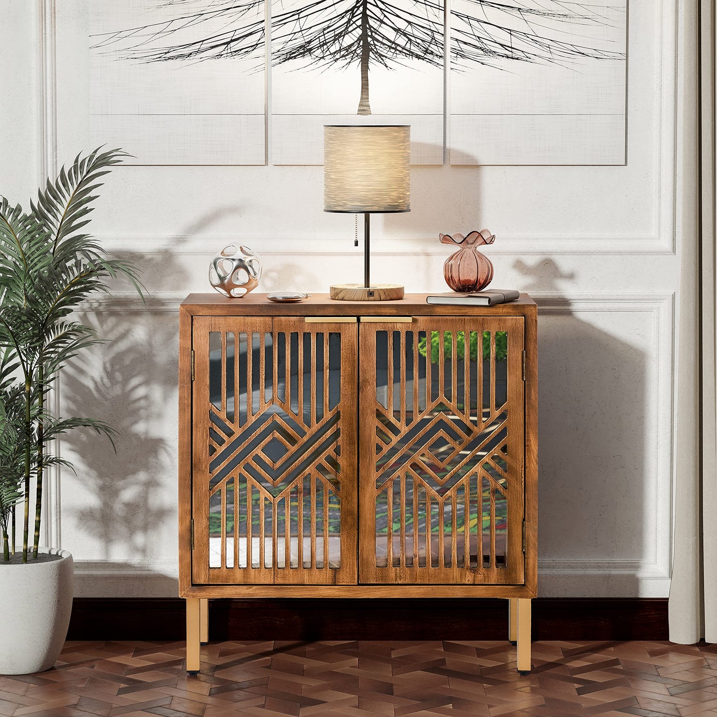 COZAYH 2 Door Accent Cabinet, Wood Sideboard Storage Furniture with Modern Geometric Mirror Front, Freestanding Home and Kitchen Cabinet, Brown/Silver