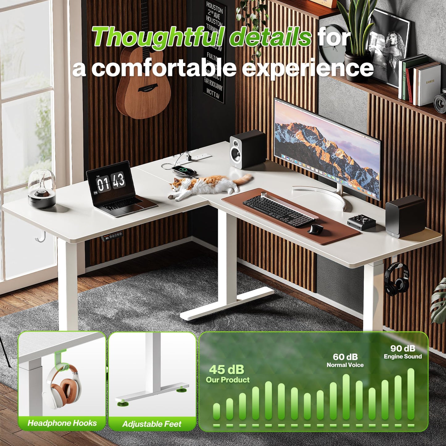 Huuger L Shaped Standing Desk with Power Outlets, 63 x 55 Inch Height Adjustable Computer Desk for Bedroom, Corner Stand up Desk for Home and Office, Work and Study, White