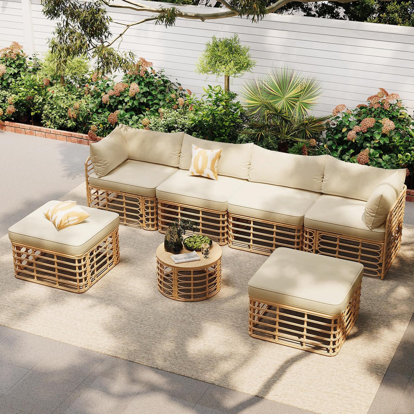 Merax 7 Pieces Rattan Outdoor Patio Furniture Set, All-Weather Sectional Sofa Set with Thick Cushions and Pillows, Freely Combined Conversation Sets for Garden Backyard Balcony (Brown)