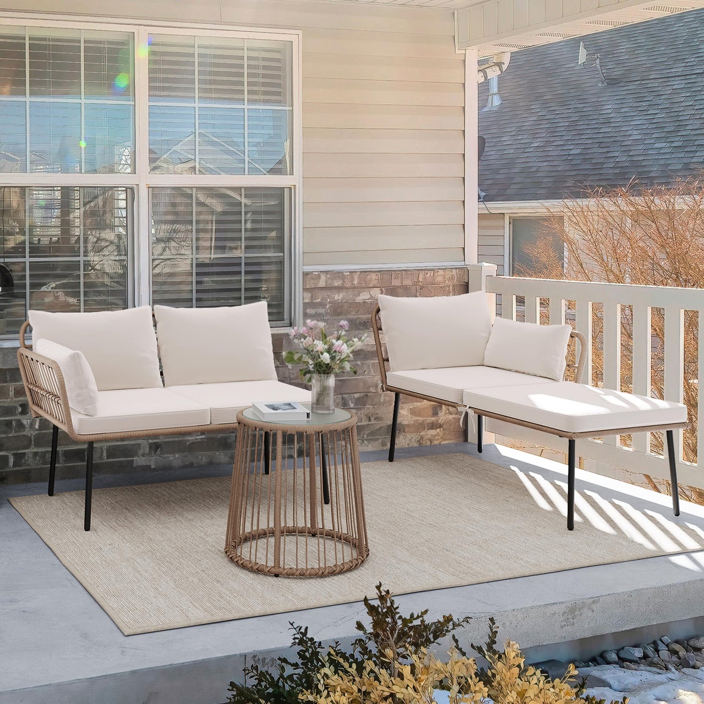 YITAHOME 3 Piece Patio Furniture Set Wicker Patio Sectional with Detachable Cushions and Coffee Table Outdoor Furniture Set L-Shaped Sectional Conversation Sofa Set for Backyard Porch Balcony - Beige