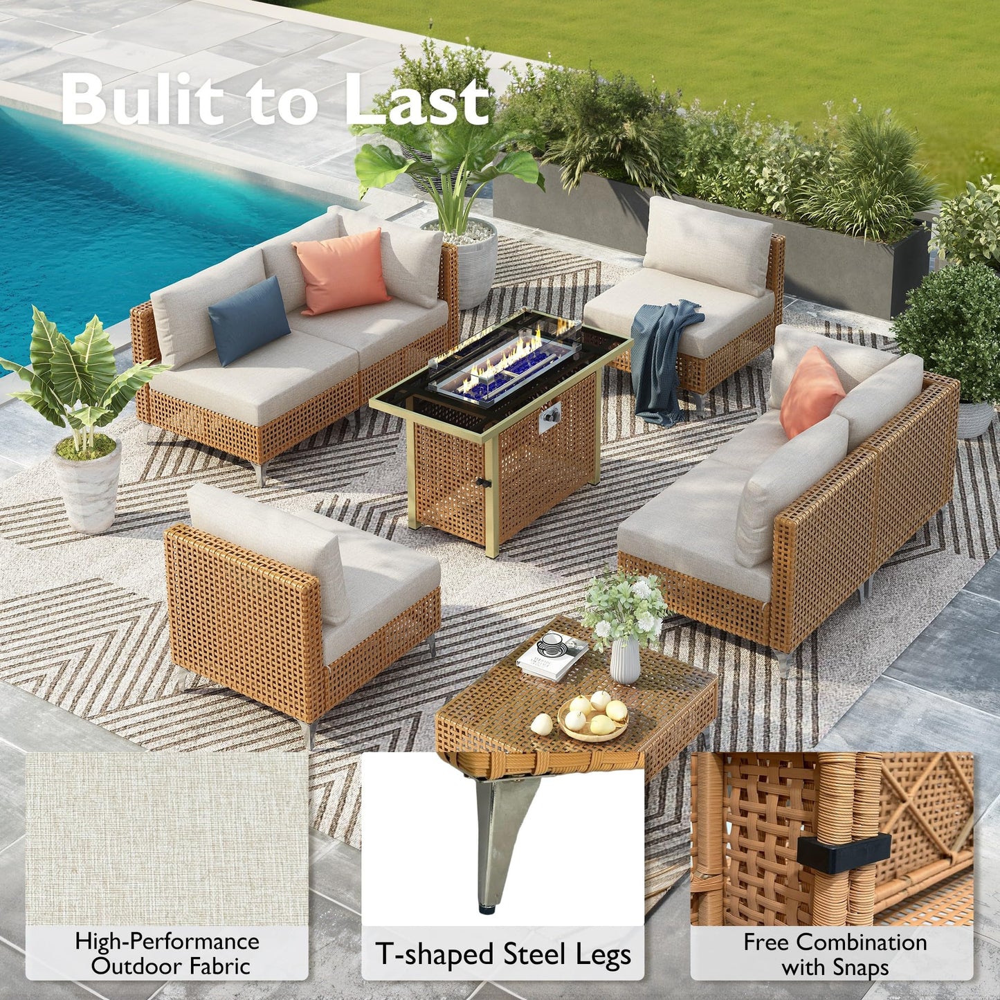 YOPTO 7-Piece Outdoor Conversation Sectional Sofa Set with Water Resistant Thick Cushions & Coffee Table,Wicker Patio Furniture Set W/Removable Cushions Cover,DIY Combination,for Porch,Backyard,Beige