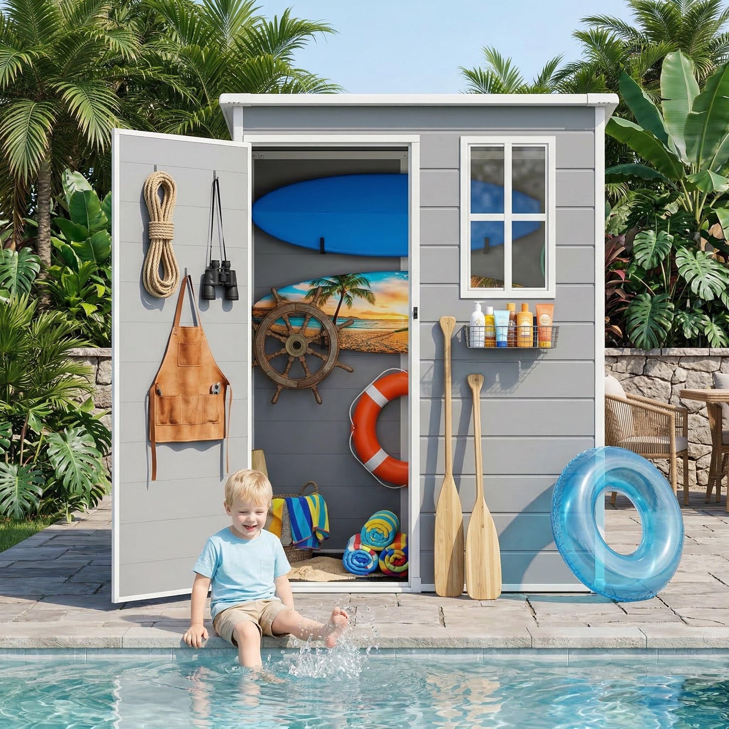 Gizoon 5x3 FT Resin Outdoor Storage Shed, Weather-Resistant Plastic Garden Tool Shed with Floor and Lockable Door for Backyard, Patio, Lawn, Grey