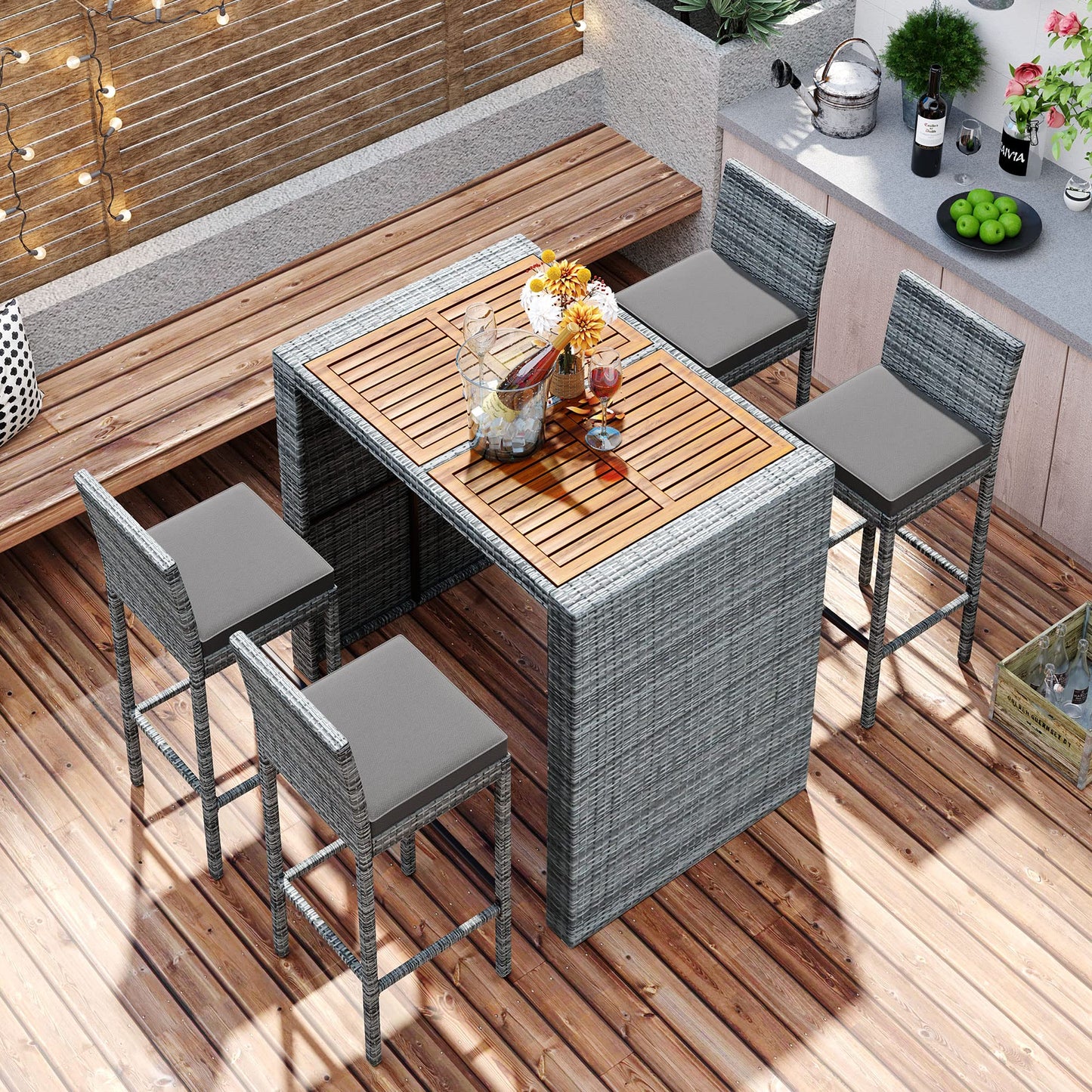 Merax 5 Pieces Outdoor Patio Wicker Bar Set, 4 Bar Height Chairs with Nonslip Feet and Gray Removable Cushion, Dining Table with Brown Acacia Wood Top and Gray Wicker