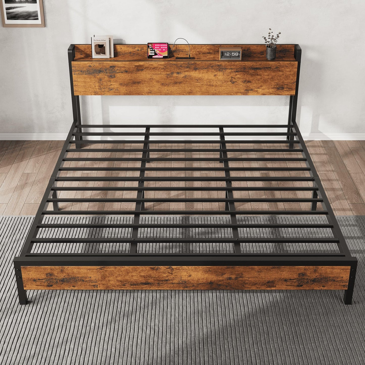IDEALHOUSE King Size Bed Frame with Storage Headboard, Industrial King Bed Platform with Charging Station and USB Ports, No Box Spring Needed Easy Assemble Mattress Foundation - Rustic Brown