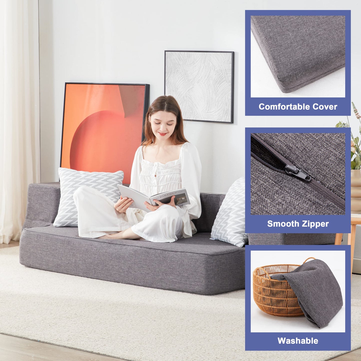 Lazyzizi Floor Sofa Bed, Convertible Sleeper Lounge Couch Folding Mattress with 2 Pillows & Washable Cover for Living Room, Guest, Playroom, Queen