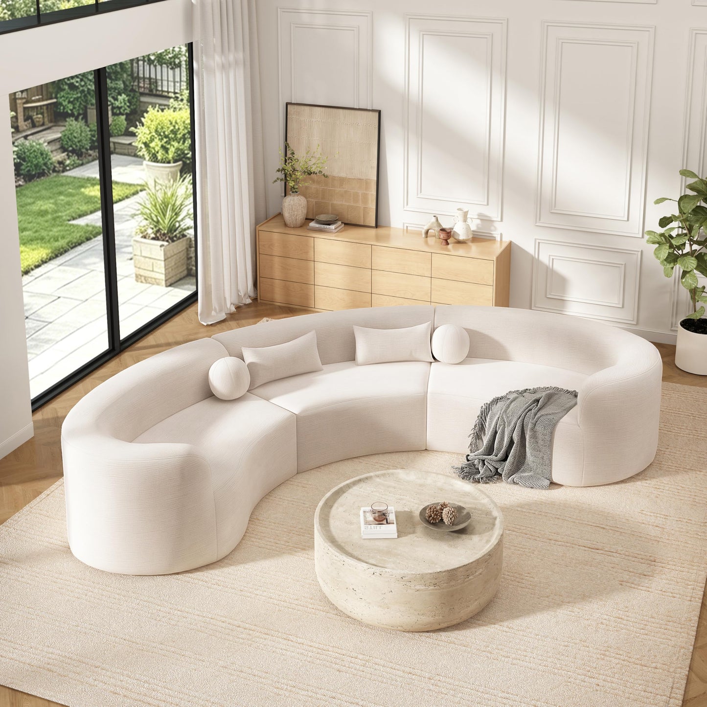 Merax 153" Chenille Modular Sectional Sofa Set, 6 Seat Curved Frameless Oversized Cloud Couch with 4 Pillows, Free Combination Hook & Loop, Fully Compressed, No Assembly for Living Room, Beige