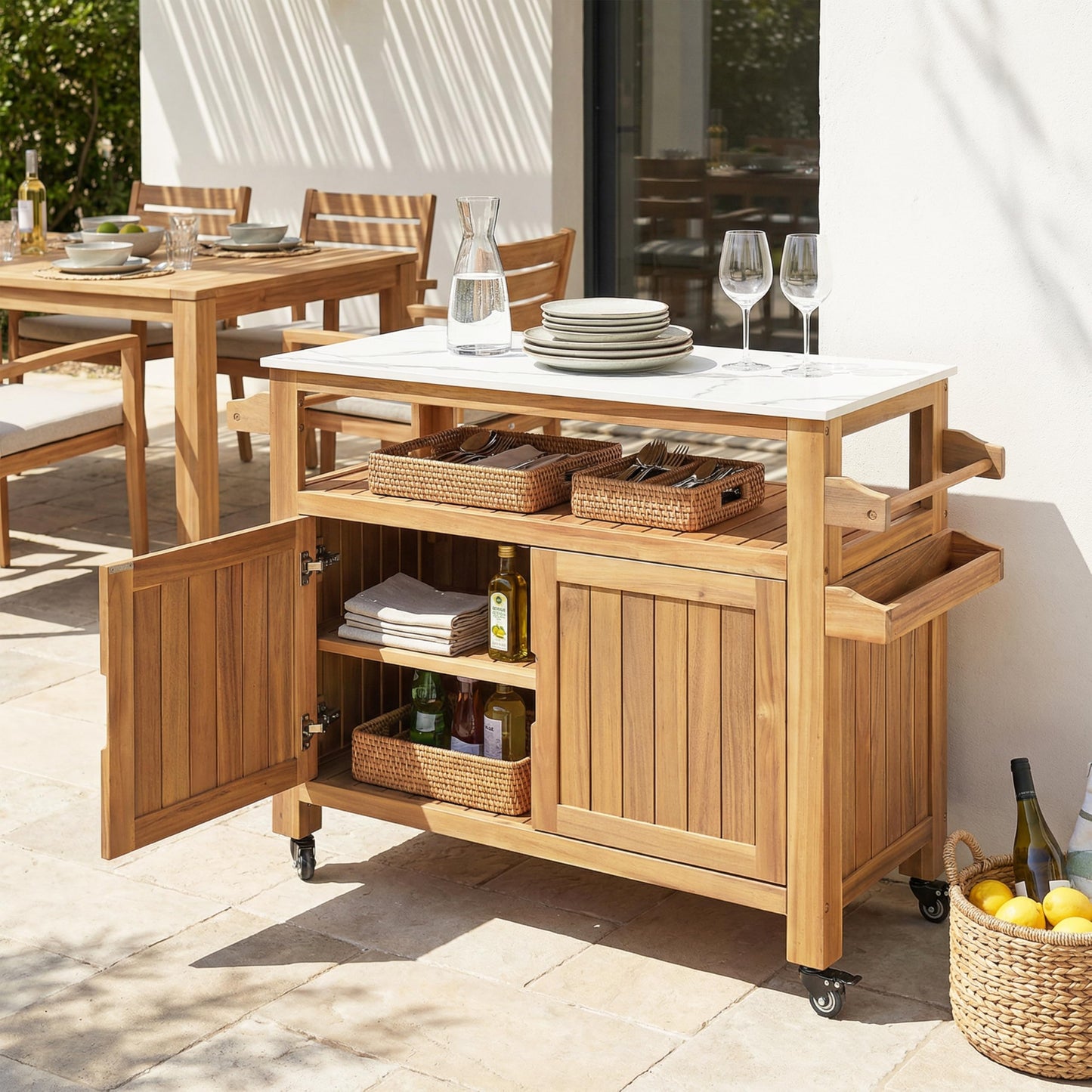 Christopher Knight Home Shina Outdoor Bar Cart with Marble-Effect Top and Lockable Wheels, Acacia Wood Outdoor Storage Cabinet with Three-Tier Slatted Shelves, Kitchen Island Serving Cart, Natural