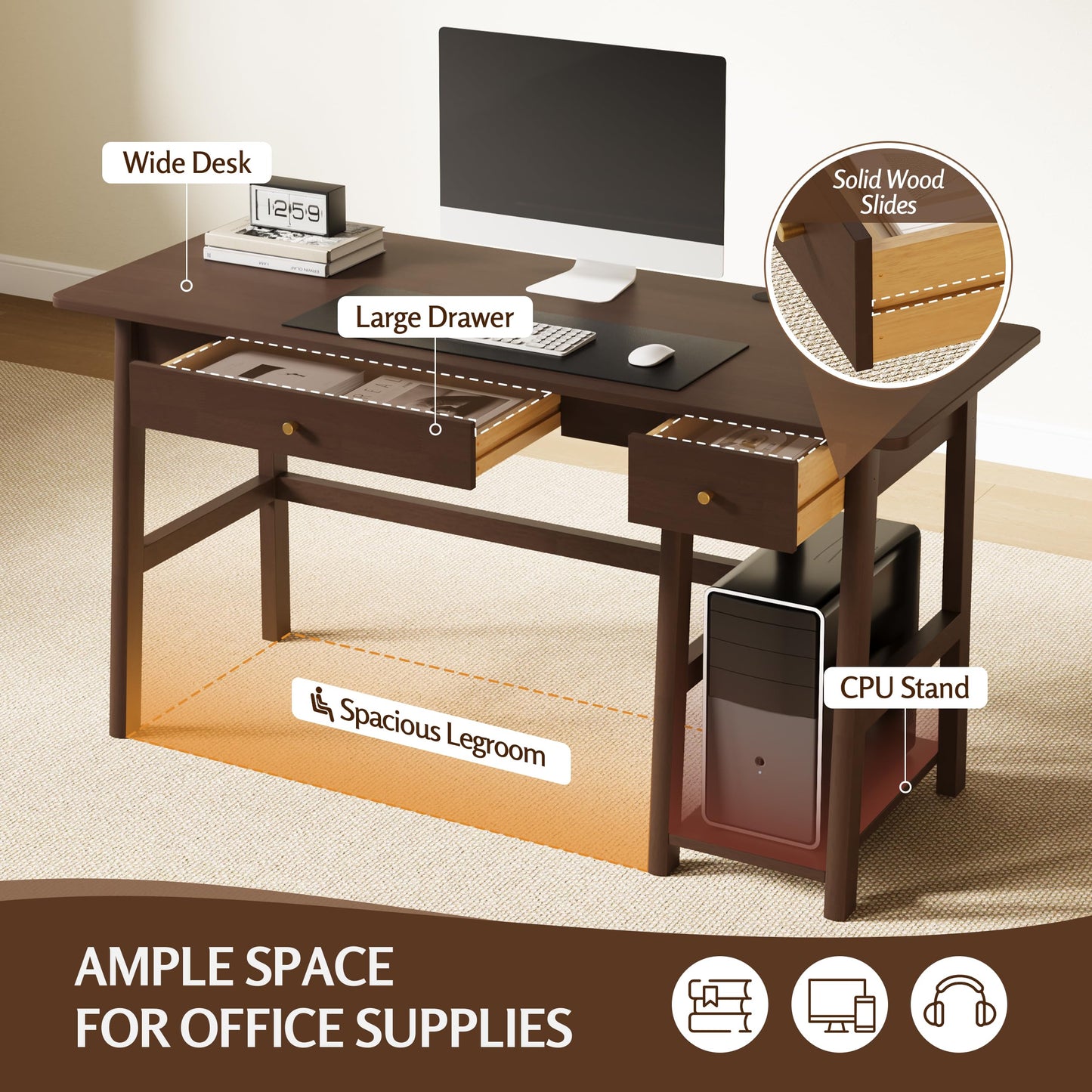 NELYE Solid Wood Desk with Drawer - 52 Inch Modern Writing and Computing Workstation for Home Office in Walnut