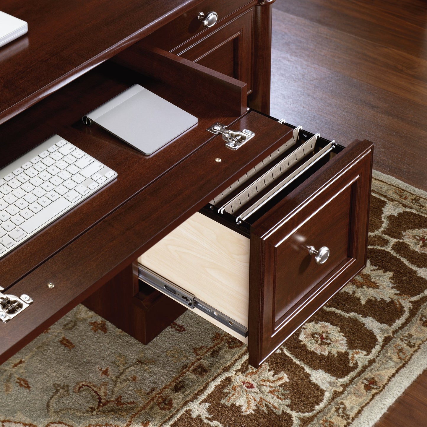 Sauder Palladia Office Desk with Drawers, Executive Desk with File Cabinet Storage, Cable Management, Keyboard Tray, in Select Cherry Finish