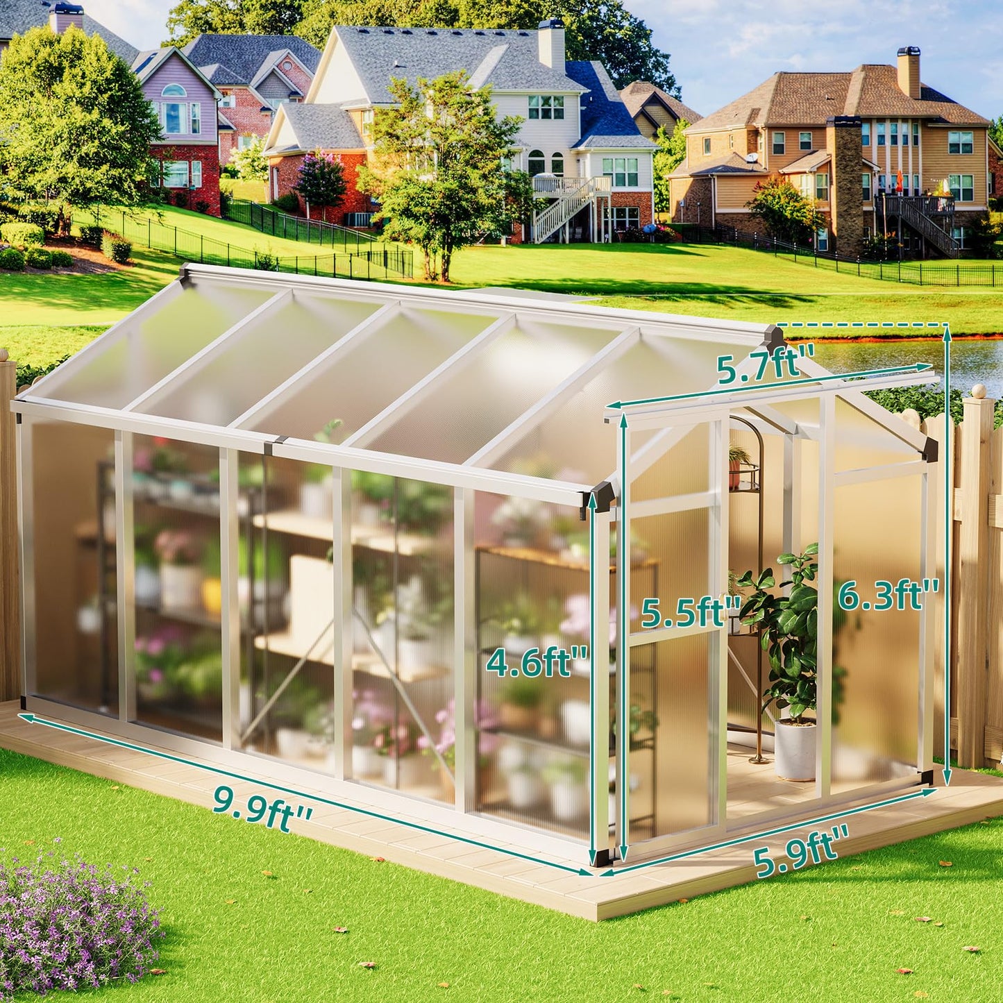 6x10 ft Greenhouse, Aluminum Frame & Polycarbonate Panel Greenhouse for Outdoors, Green House with Adjustable Roof Vent & Sliding Door, Durable Walk-in Green Houses for Backyard, Patio, Lawn