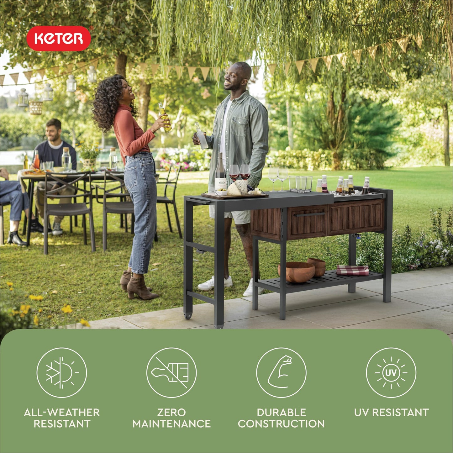 Keter Extendable Outdoor Bar Cart with Hidden Cooler, Storage Drawers & Prep Surface – Mobile Patio Serving Station with Drainage Kit & Hidden Wheels for Backyard, Garden & Poolside Entertaining