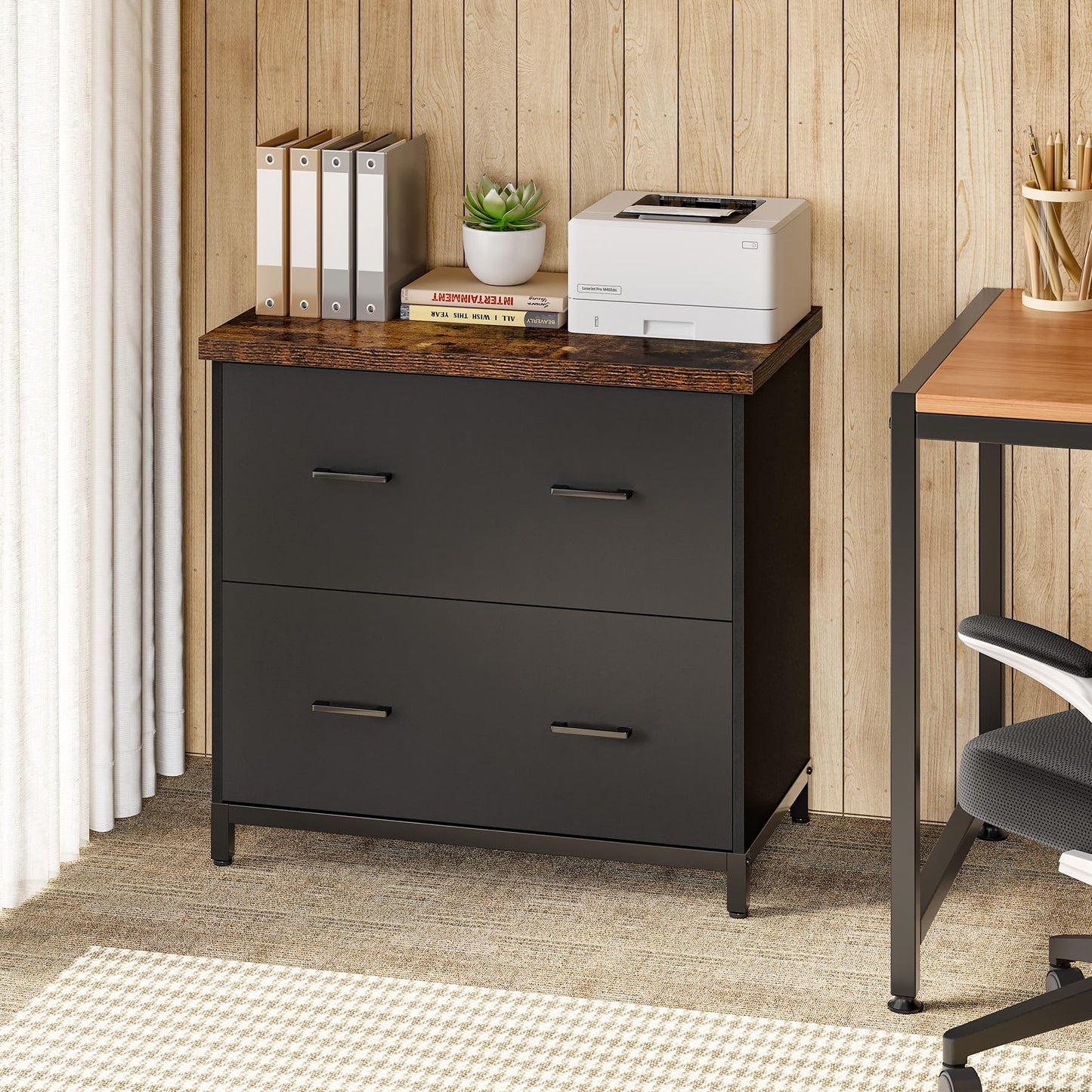 File Cabinet with Drawers, 30.7-Inch Lateral Cabinet under Desk for A4 and Letter Size Documents, Printer Stand, Filling Cabinet Under Desk Storage Organizer for Home Office, Brown & Black