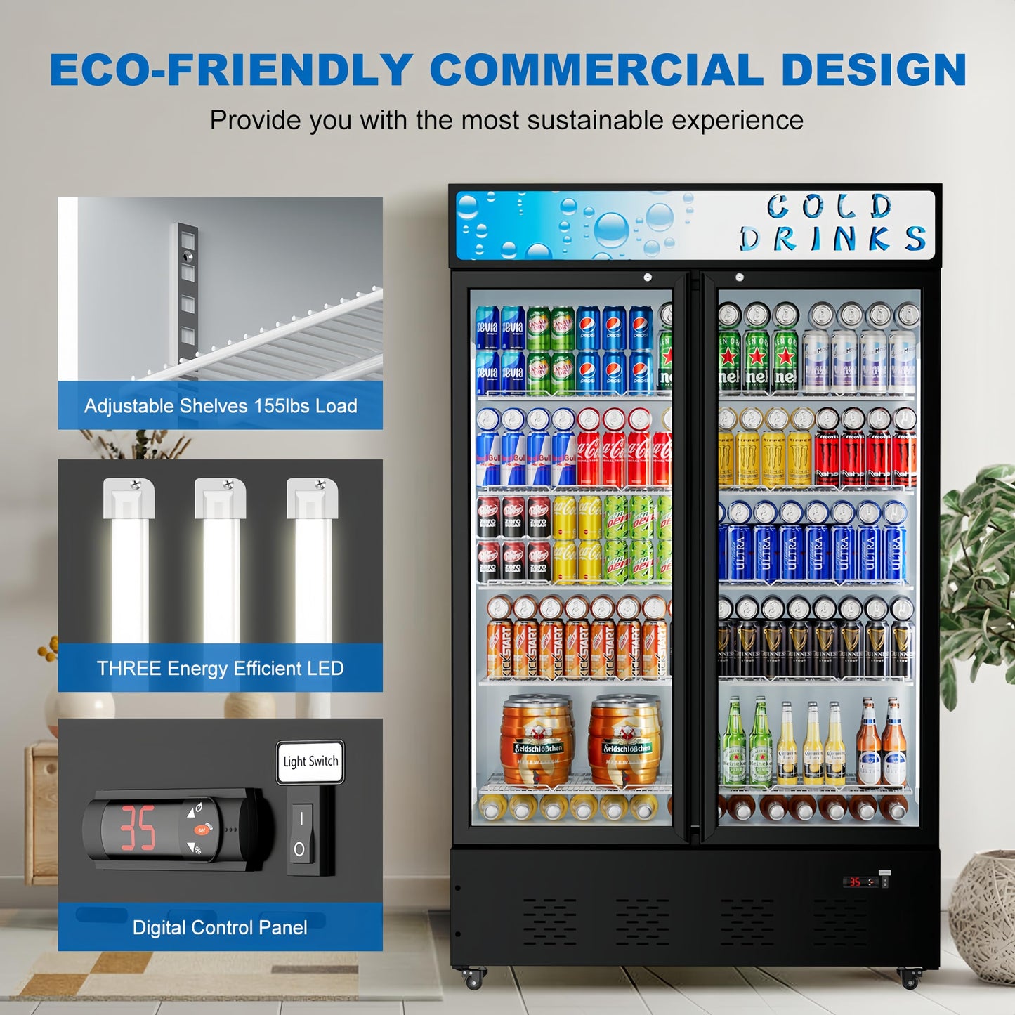 Ferueo Commercial Beverage Refrigerator, 40 Cu.ft.Display Fridge Glass Door Upright Display Door with Adjustable Shelves LED Light for Restaurant,Grocery Stores,Office