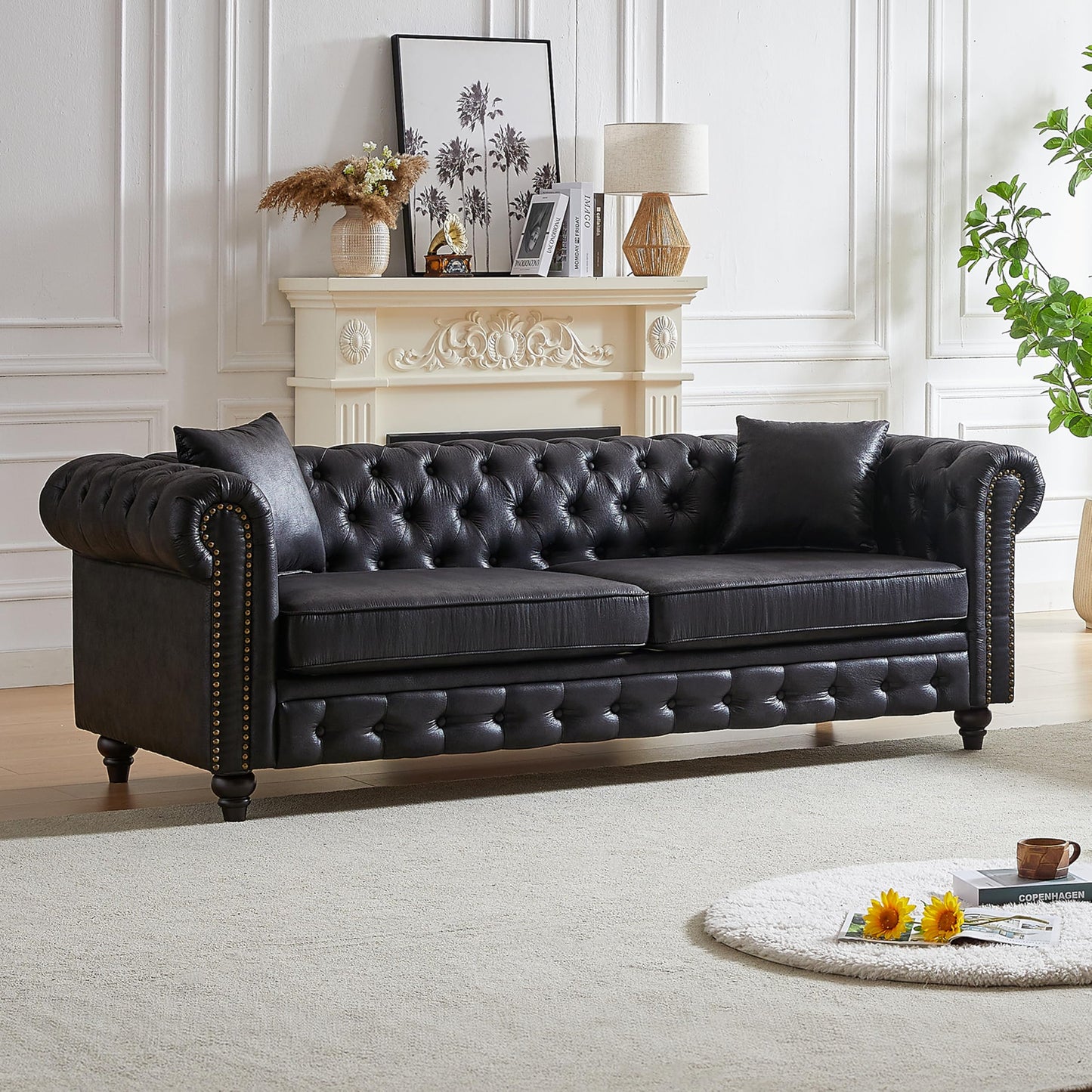 KEIKI Chesterfield Sofa, Retro Style Upholstered 3+3 Seats Tech Fabric Couch with Rolled Arm for Living Room Bedroom Office, Black