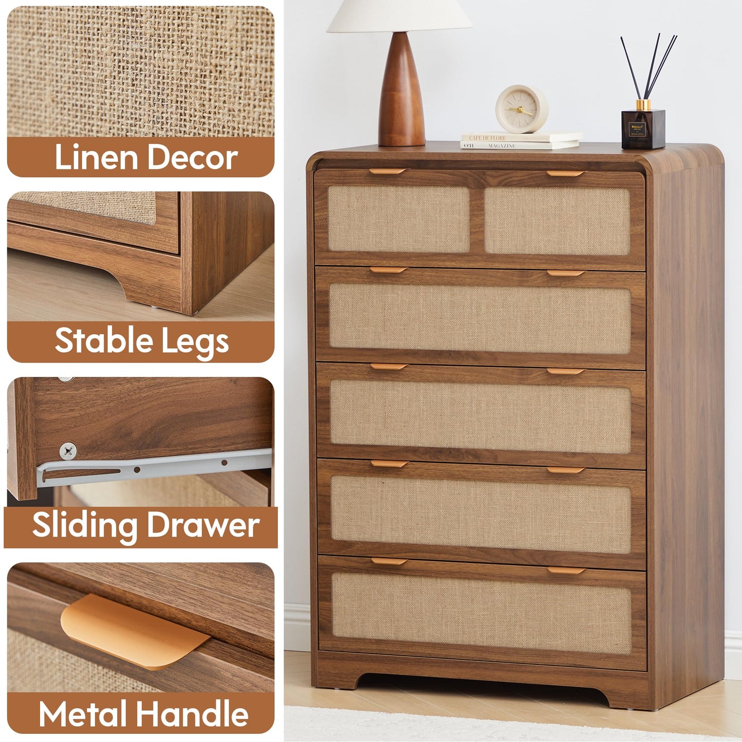 RUSTYER 43" Tall Dresser for Bedroom, 5 Drawer Mid Century Modern Dresser with Natural Linen, Curved Wood Chest of Drawers Closet Clothes Storage Organizer for Living Room, Hallway (Walnut)