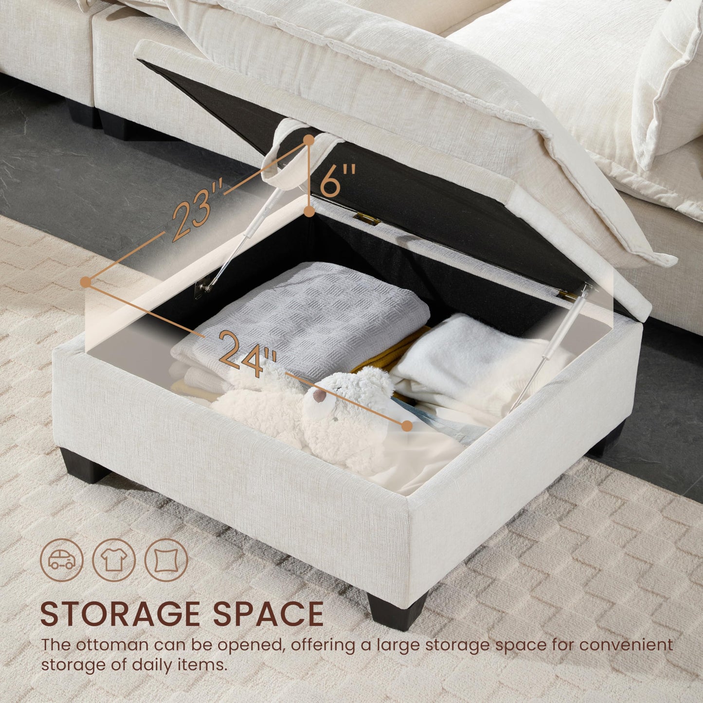 Merax Modern U-Shaped Modular Couch Set with Storage Ottoman, Chenille 7-Seat Sectional Sofa Sleeper Bed with Wide Seat for Living Room, Free Combination,Off White