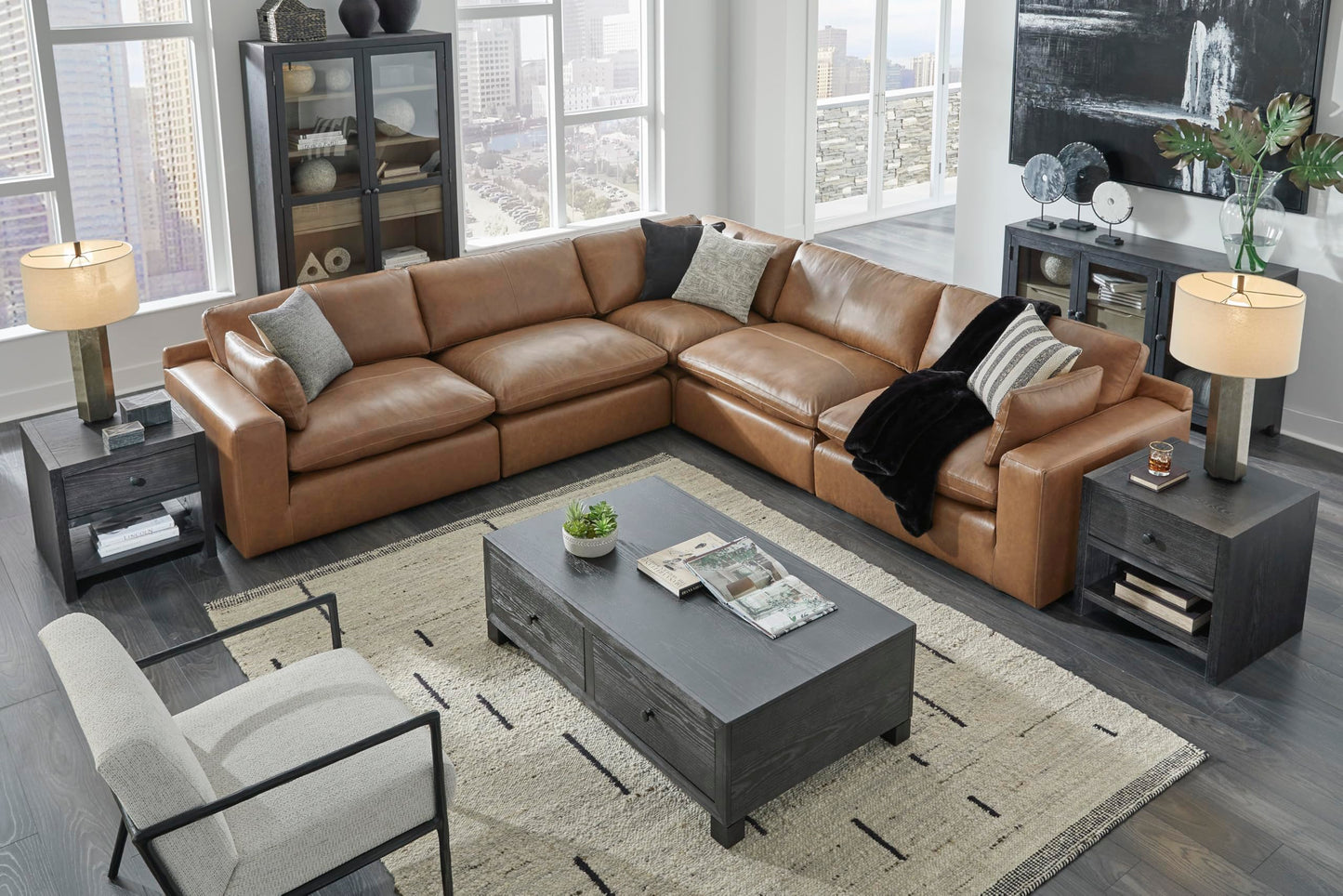 Signature Design by Ashley Emilia Modern Modular Leather Match 5-Piece Sectional with Loose Back Cushions and 2 Bolster Pillows, Light Brown