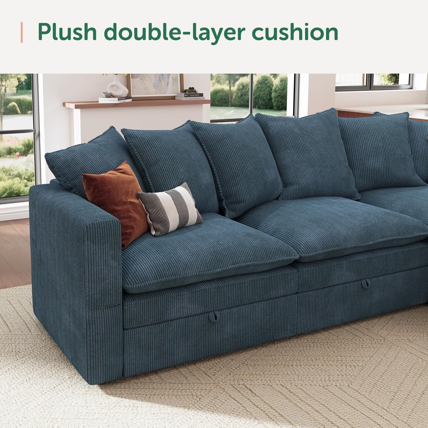 HONBAY Modular Sectional Sofa, 105.5 Inch Deep Seat U Shaped Couch with Storage & Adjustable Armrest Backrest, Blue