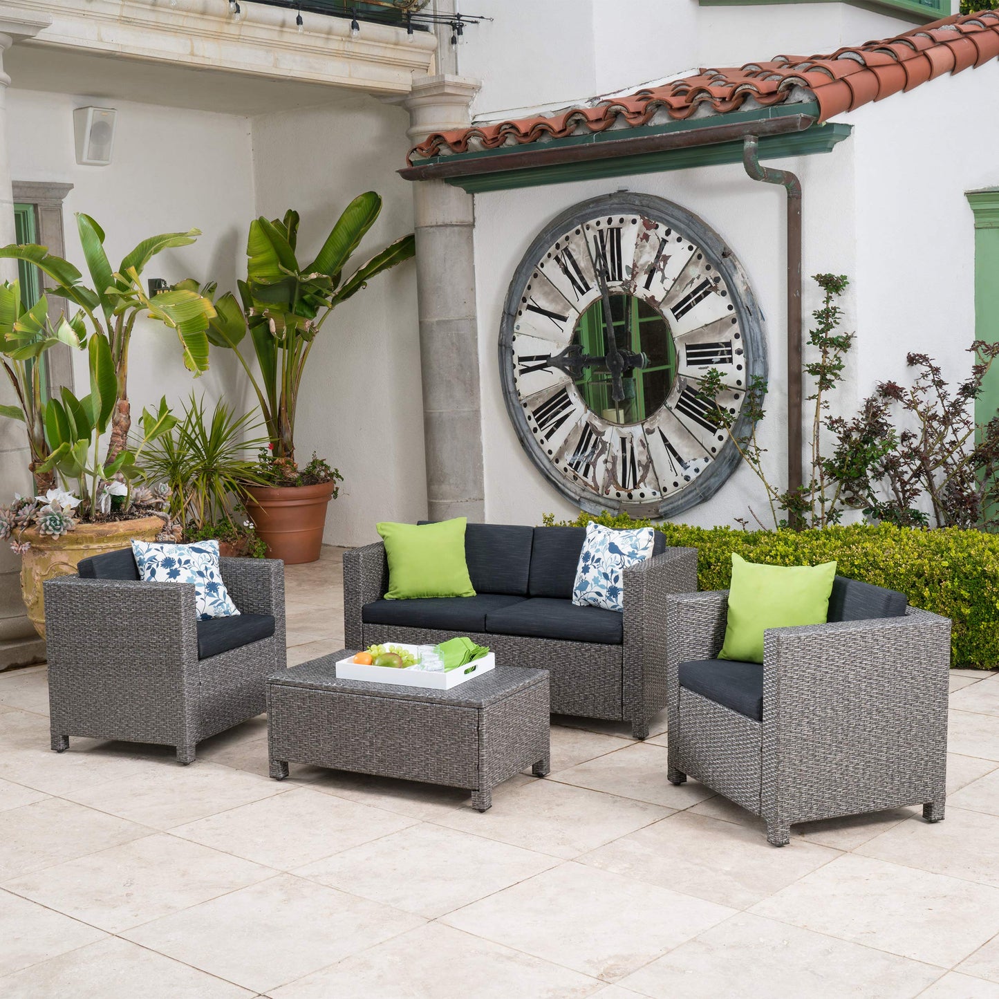 Christopher Knight Home Puerta Wicker Chat Set with Water Resistant Cushions and Set Cover, 4-Pcs Set, Beige / Mixed Black / Dark Grey