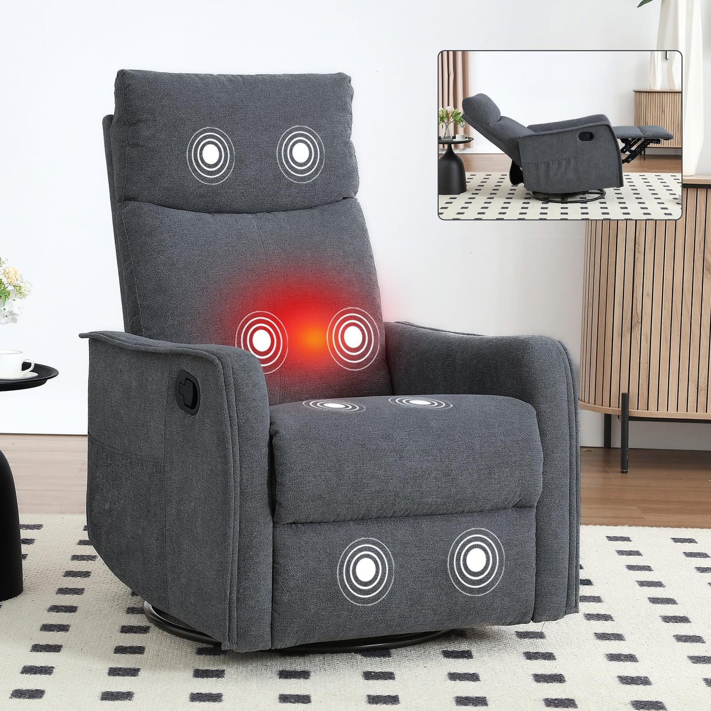 KEIKI Heat Massage Manual Recliner Chair with Rocker and Swivel, 360° Swivel 8-Point Massage Heat Modern Polyester Rocker for Office Studio Minimalist Contemporary Workspace, Sleek Grey