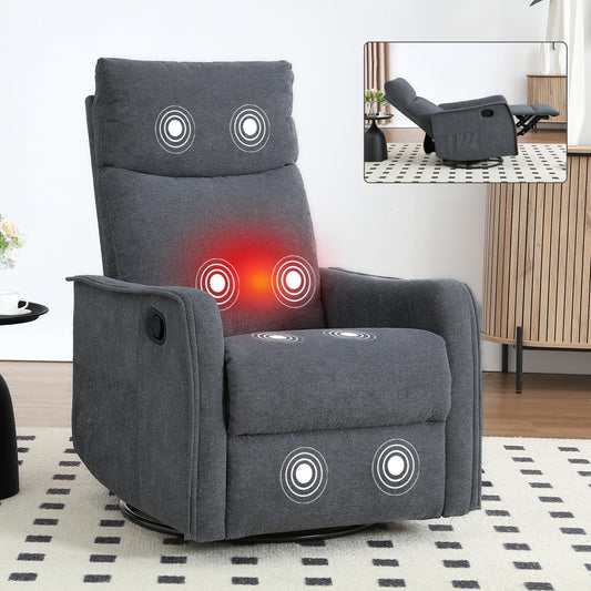 KEIKI Heat Massage Manual Recliner Chair with Rocker and Swivel, 360° Swivel 8-Point Massage Heat Modern Polyester Rocker for Office Studio Minimalist Contemporary Workspace, Sleek Grey