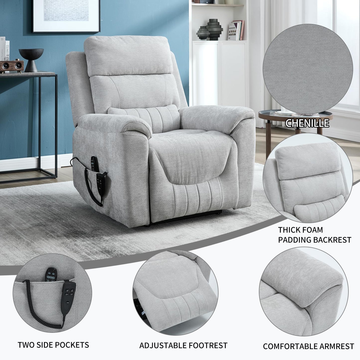 KEIKI Dual Motor Power Lift Recliner Chair with Massage & Heat, Leatherair Upholstery, Heavy Duty Motion Mechanism, Pillow Back & Arms, 8-Point Vibration, Lumbar Heating, American Style, Light Grey