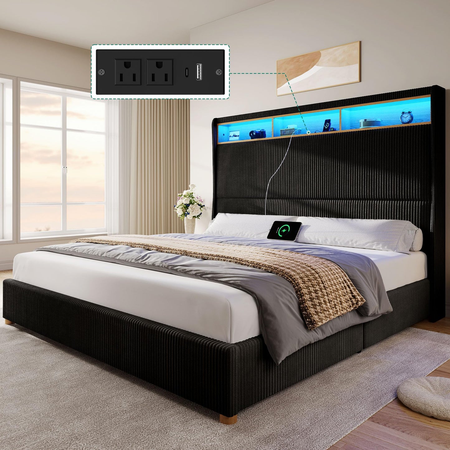 YITAHOME King Size Corduroy Upholstered Platform Bed Frame with Charging Station and RGB LED Lights, 53’’ Tall Storage Wingback Headboard, No Box Spring Needed, Easy Assembly, Noise-Free, Black