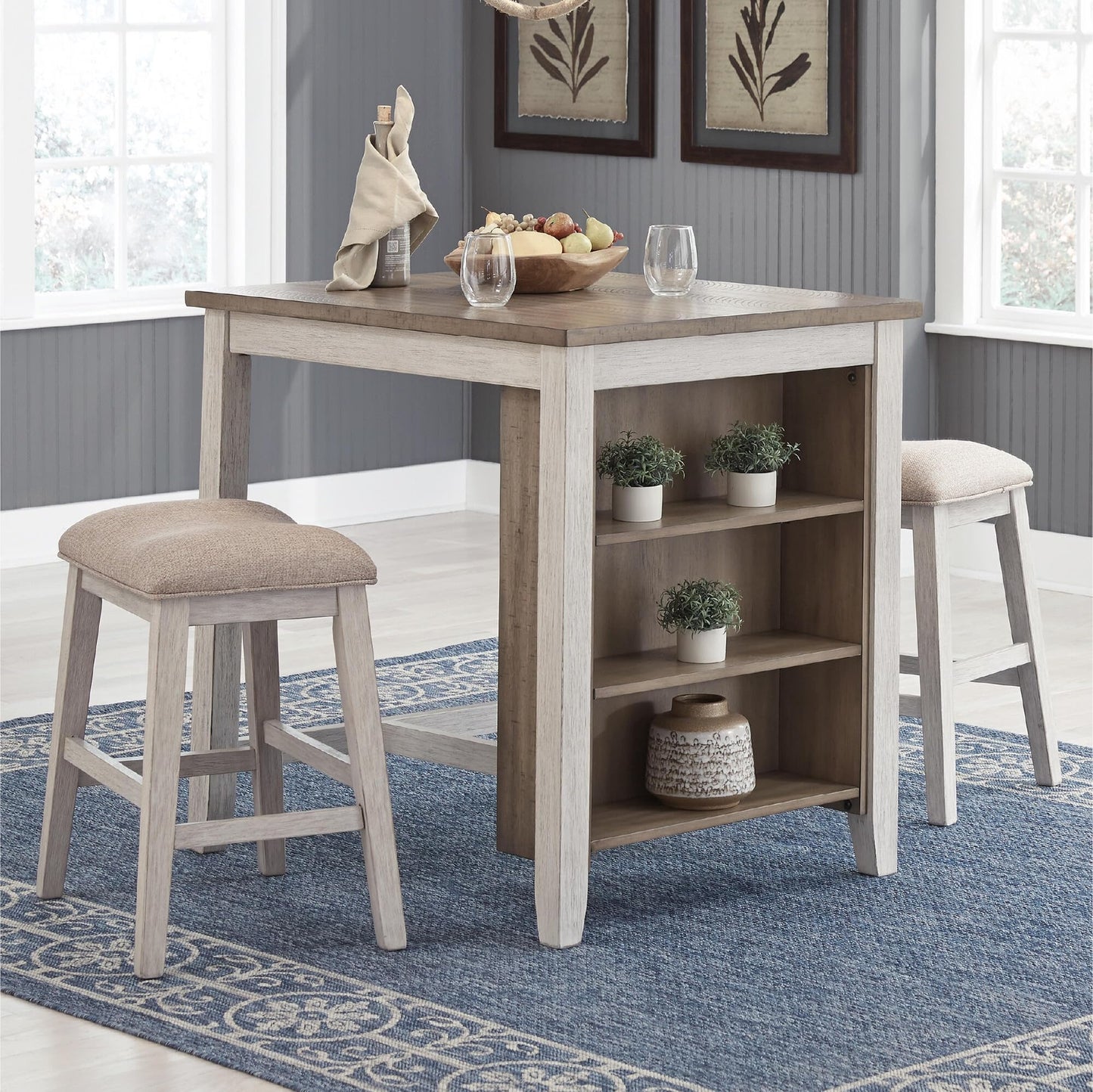 Signature Design by Ashley Skempton 3 Piece Counter Height Dining Set, Includes Table and 2 Barstools, Cushioned Seats, Wood, Whitewash