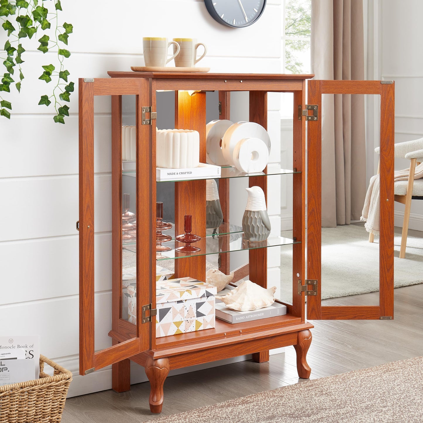 KEIKI 44" Glass Display Cabinet with Mirrored Back Panel & Adjustable Shelves, for Collectibles, Storage Curio Cabinet with 2 Door, 3-Tier Showcase Display Case, Easy Assembly, for Living Room, Oak