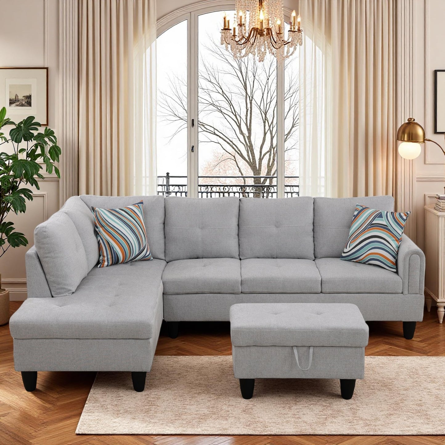 Trygoal 97" L Shaped Couch Sectional Couches with Chaise and Storage Ottoman, 3 Pieces Modular Convertible Sofa for Living Room Furniture Sets and Small Apartment, Grey