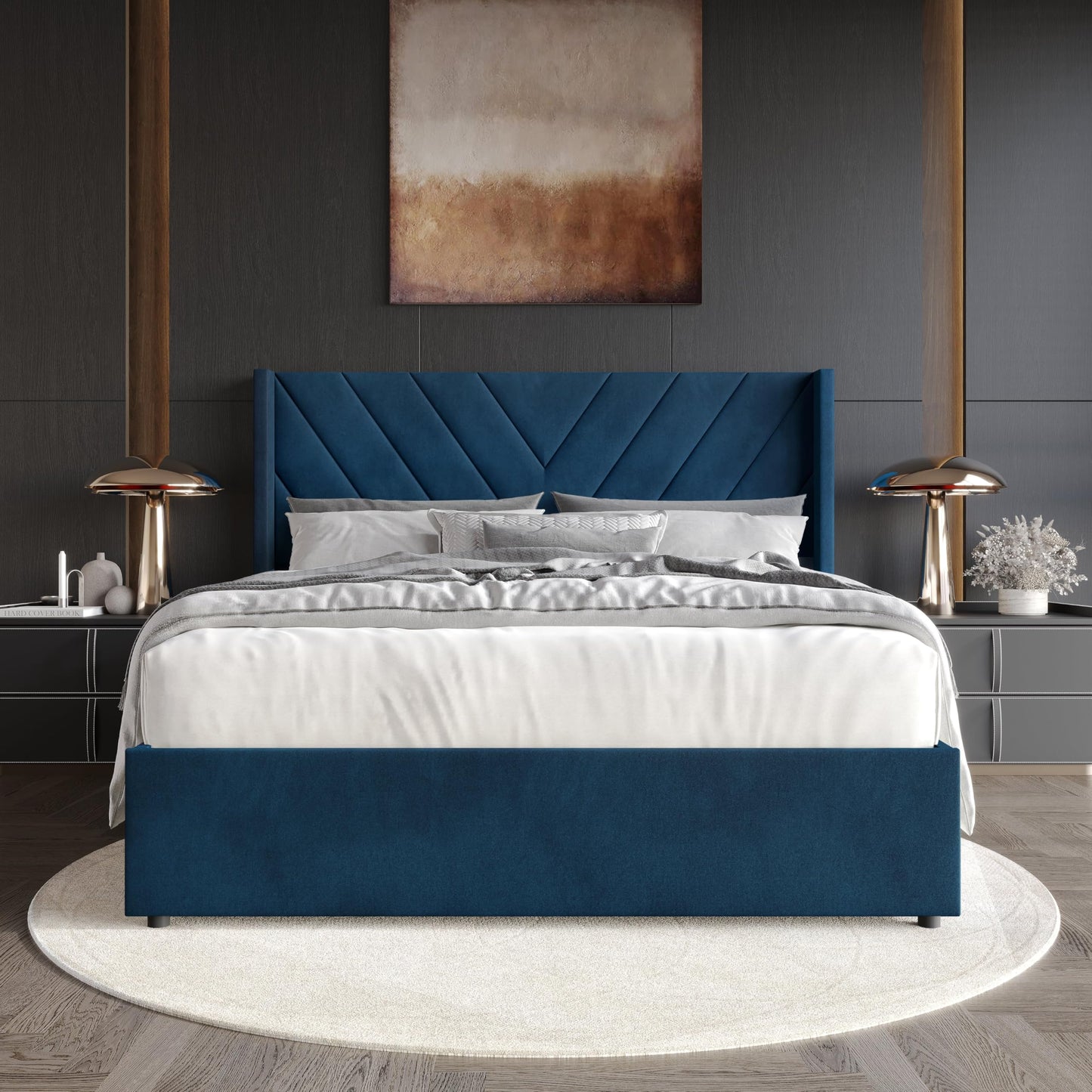 Castle Place Queen Wingback Velvet Upholstered Lift-Up Storage Platform Bed with Hidden Storage and V-Shape Stitching, Navy Blue