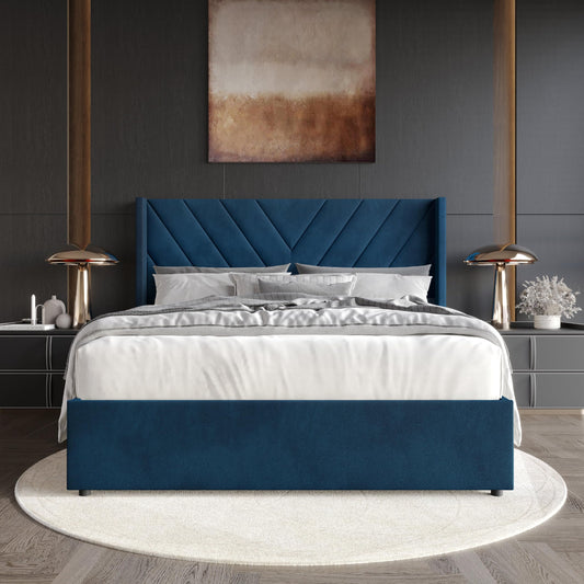 Castle Place Queen Wingback Velvet Upholstered Lift-Up Storage Platform Bed with Hidden Storage and V-Shape Stitching, Navy Blue