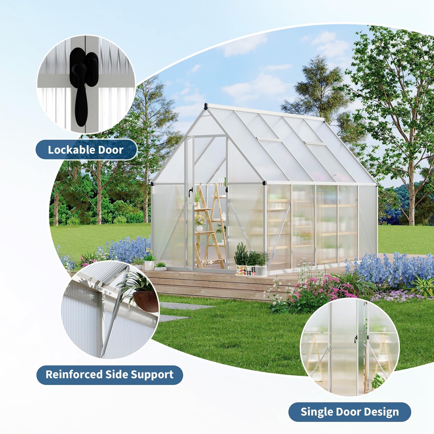 6x9 ft Polycarbonate Greenhouse with Aluminum Frame, Walk in Greenhouse with Adjustable Roof Vent, Heavy Duty Green House for Outside Garden Backyard, Easy Assembly, Silver