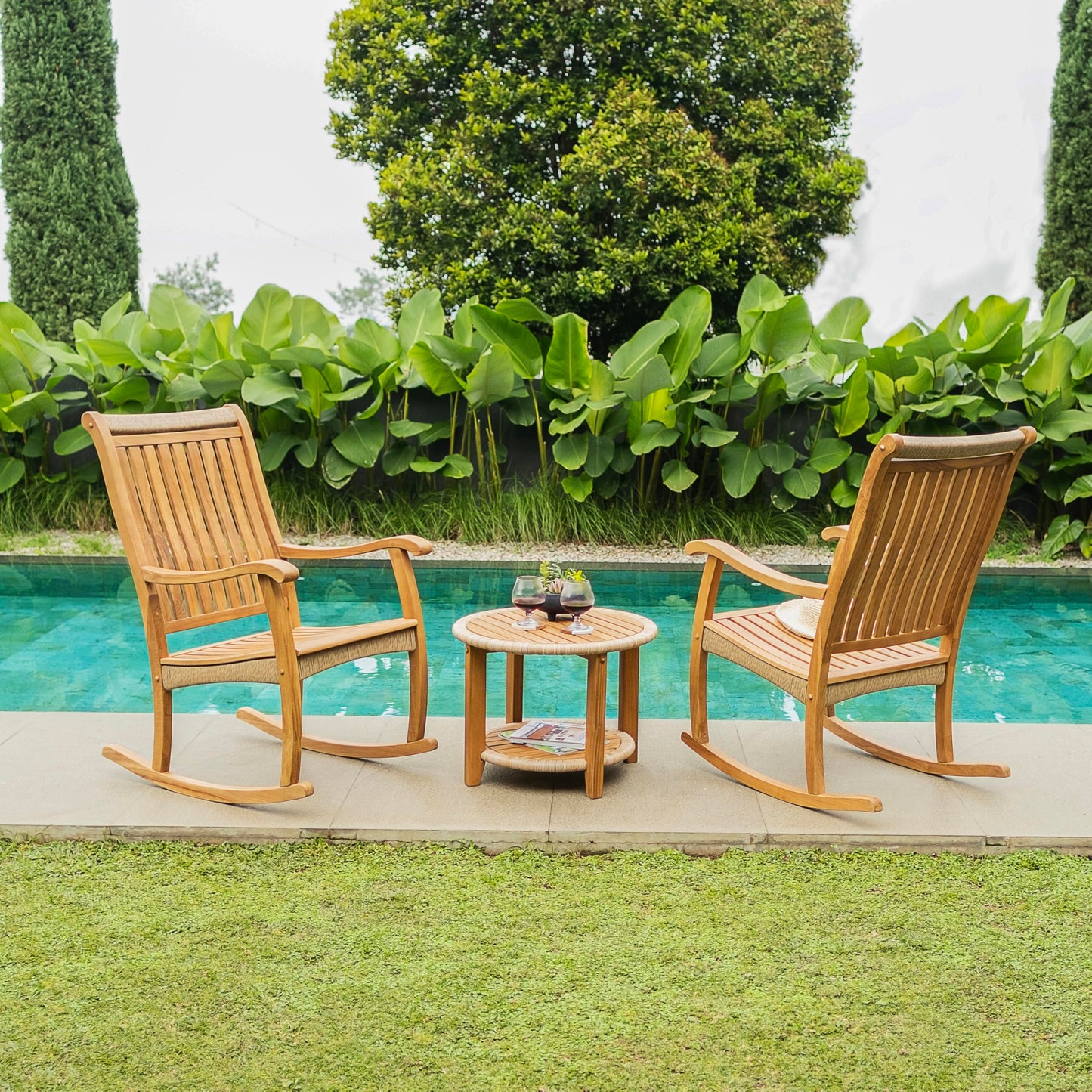 Cambridge Casual Marrakesh 3-Piece Teak Rocking Chair Conversation Set – Solid Wood Patio Seating with Honey Twist Wicker & Side Table, Weather-Resistant Outdoor Furniture for Porch or Garden