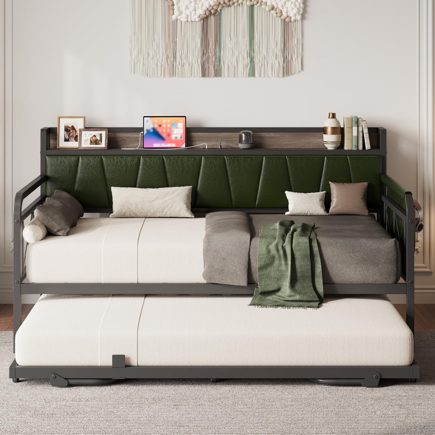 LIKIMIO Twin Daybed, Day Bed with Trundle, Storage Upholstered Headboard and Charging Station, Trundle Bed with Strong Supports for Living Room, Bedroom, and Guest Room, Dark Green