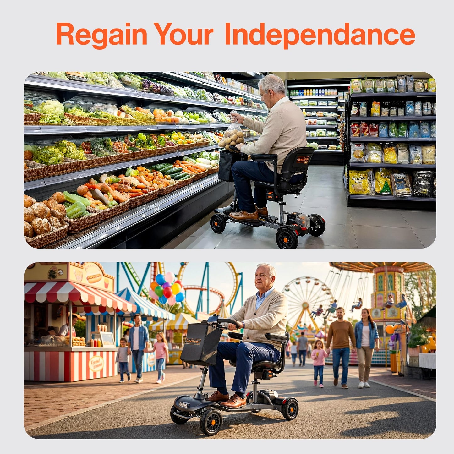 SuperHandy Passport Flex 4 Wheel Power Mobility Scooter – Quick-Disassembly Aluminum Frame, Foldable & Compact, 48V Li-Ion Battery