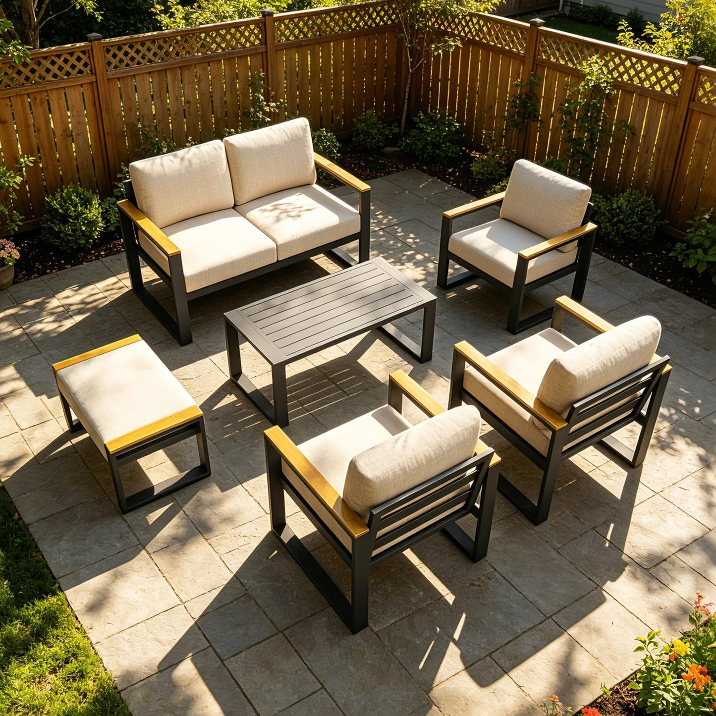 Aluminum Outdoor Patio Furniture - 1 Pcs Loveseat and Coffee Table, All-Weather Metal Modern Outside Furniture with Washable Thick Cushion for Balcony, Garden, Deck, Backyard, Beige